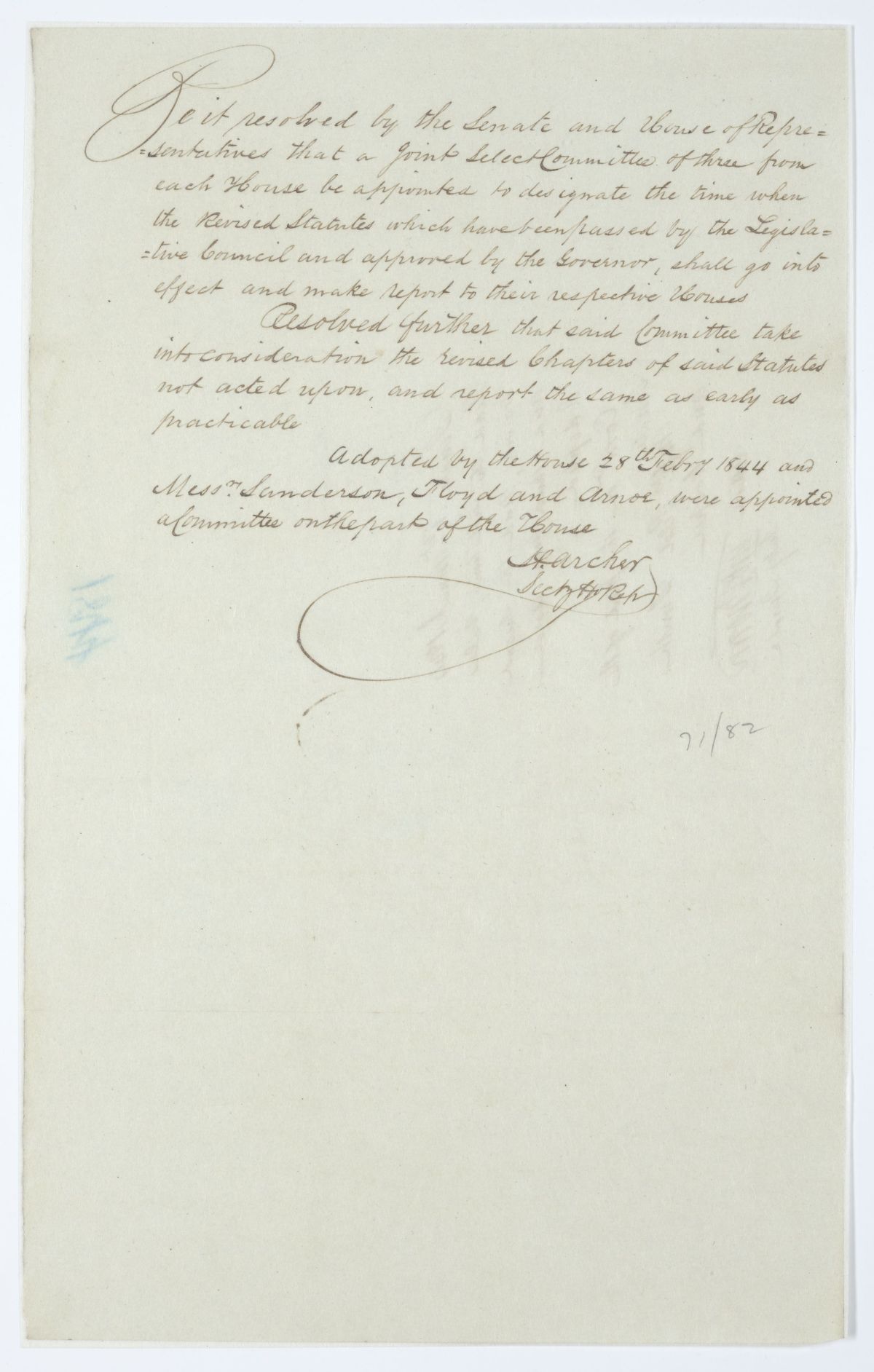 Resolution Calling for a Joint Select Committee to to Designate the Time When the Revised Statutes Will Go into Effect, 1844