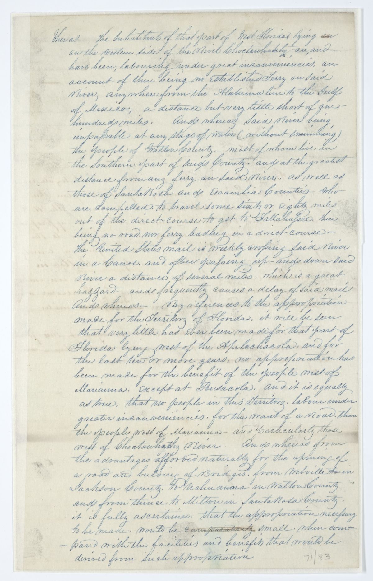 Resolution Directing the Florida Delegate in Congress to Procure an Appropriation for a Road and Bridges from Webbville to Milton, circa 1844