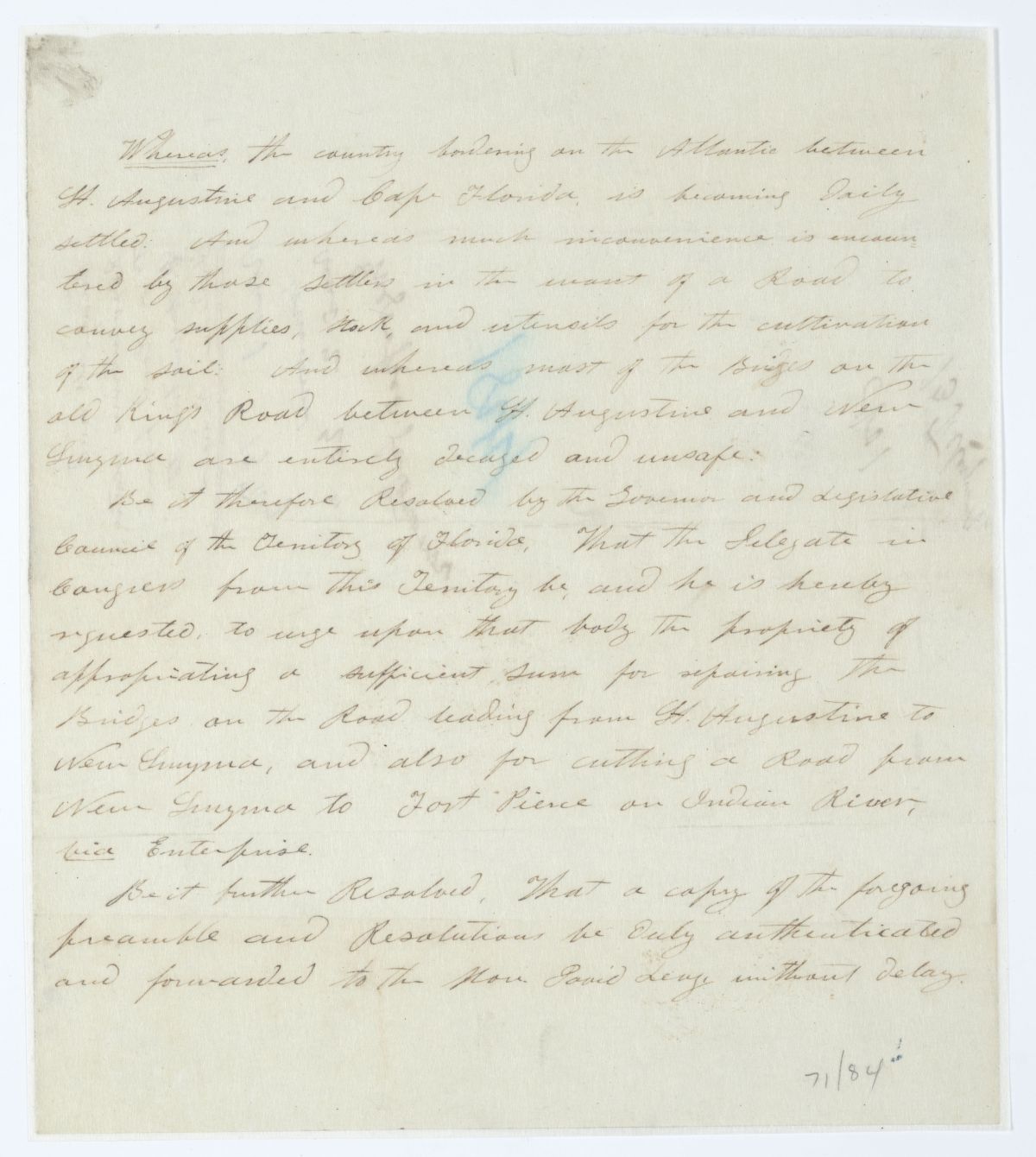 Resolution Directing the Florida Delegate in Congress to Procure an Appropriation for Repairing Bridges and Building a Road, circa 1844