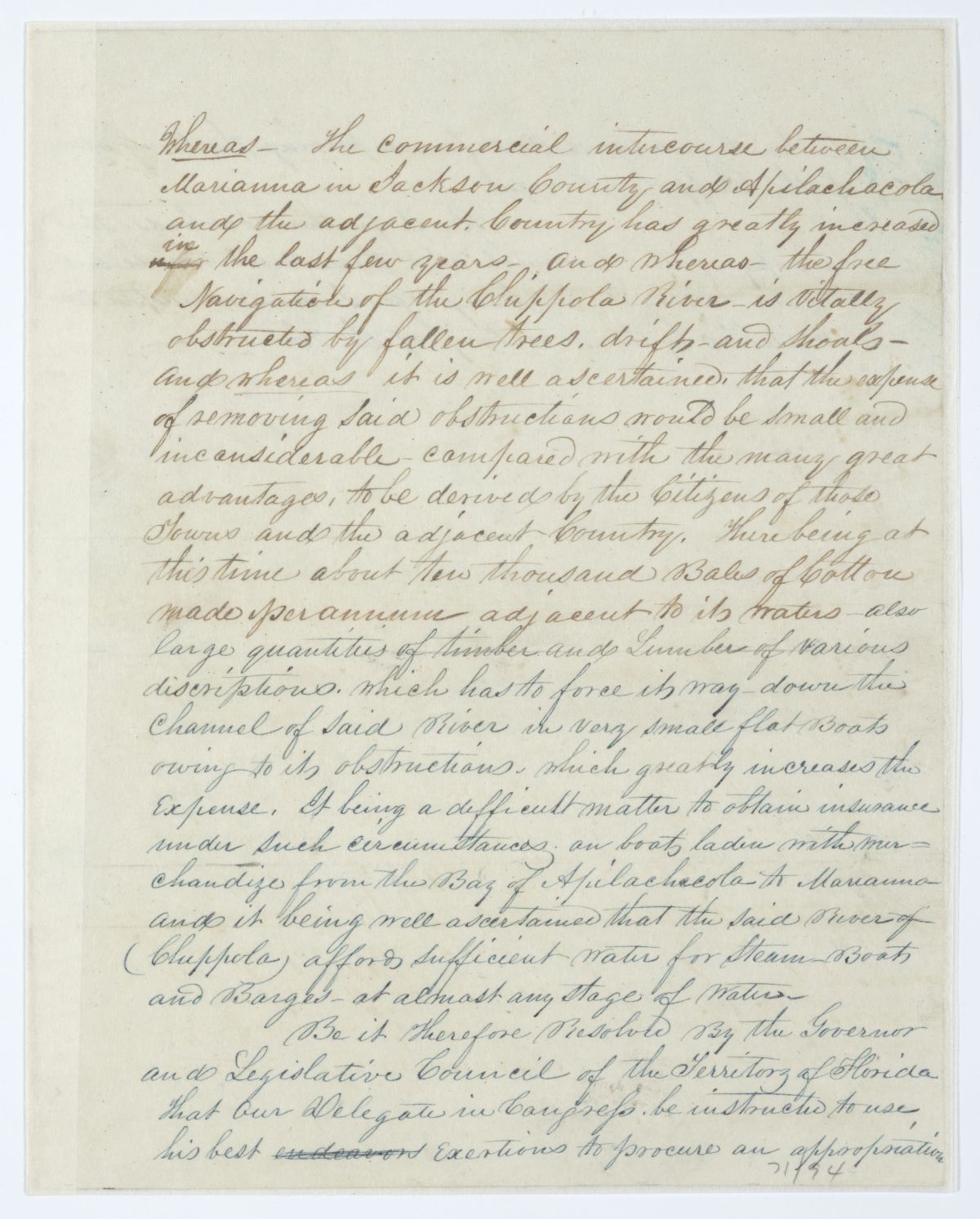 Resolution Directing the Florida Delegate in Congress to Procure an Appropriation for the Clearing of the Chipola River, 1844