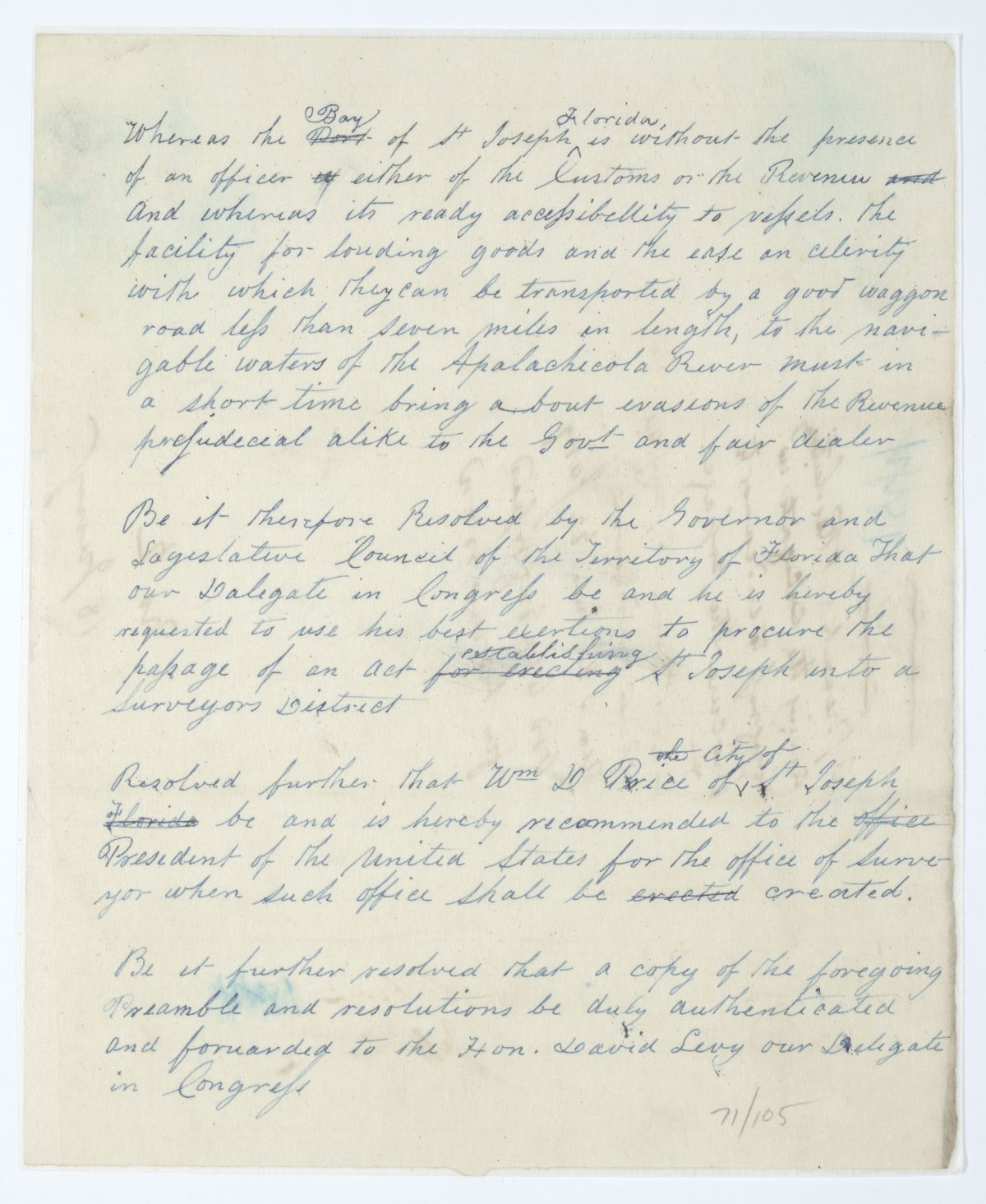 Resolution Directing the Florida Delegate in Congress to Procure an Act Establishing Saint Joseph as a Surveyor's District, 1844