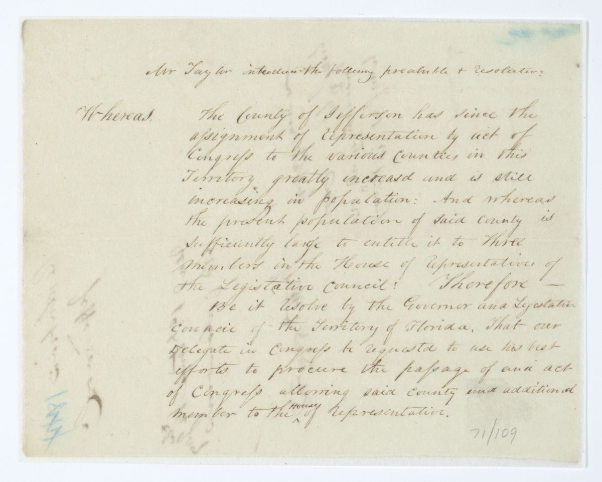 Resolution Directing the Florida Delegate in Congress to Procure an Act Allowing Jefferson County Additional Representation, circa 1844