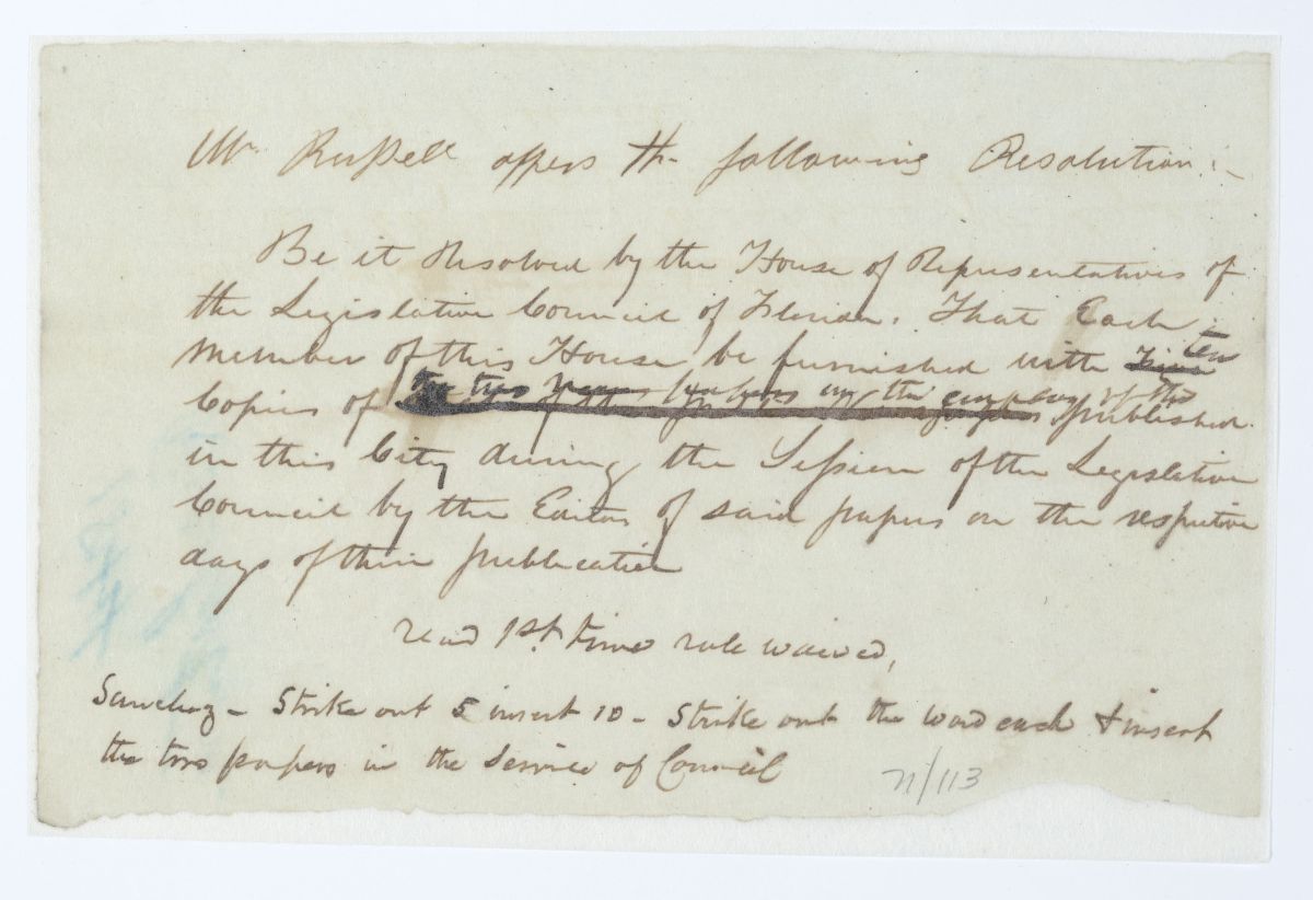 Resolution Directing that Members of the Territorial Legislative Council Be Provided with Newspapers, circa 1844