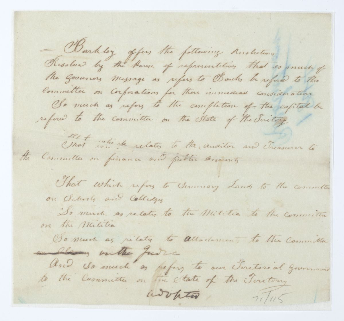 Resolution Referring Different Portions of the Governor's Message to Different Committees, circa 1844