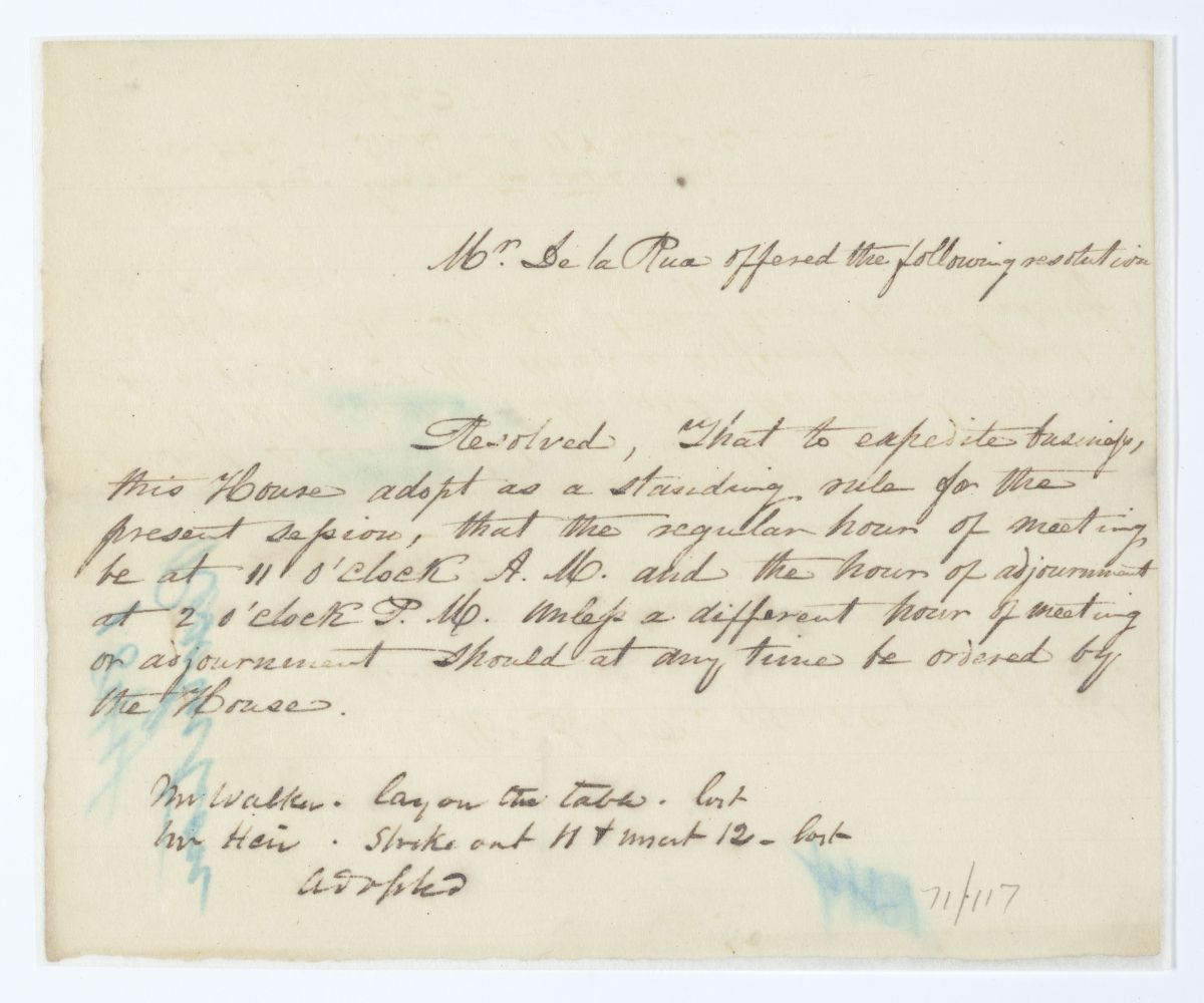 Resolution to Adopt a Standing Rule that the House Meet and Adjourn at a Set Time, circa 1844