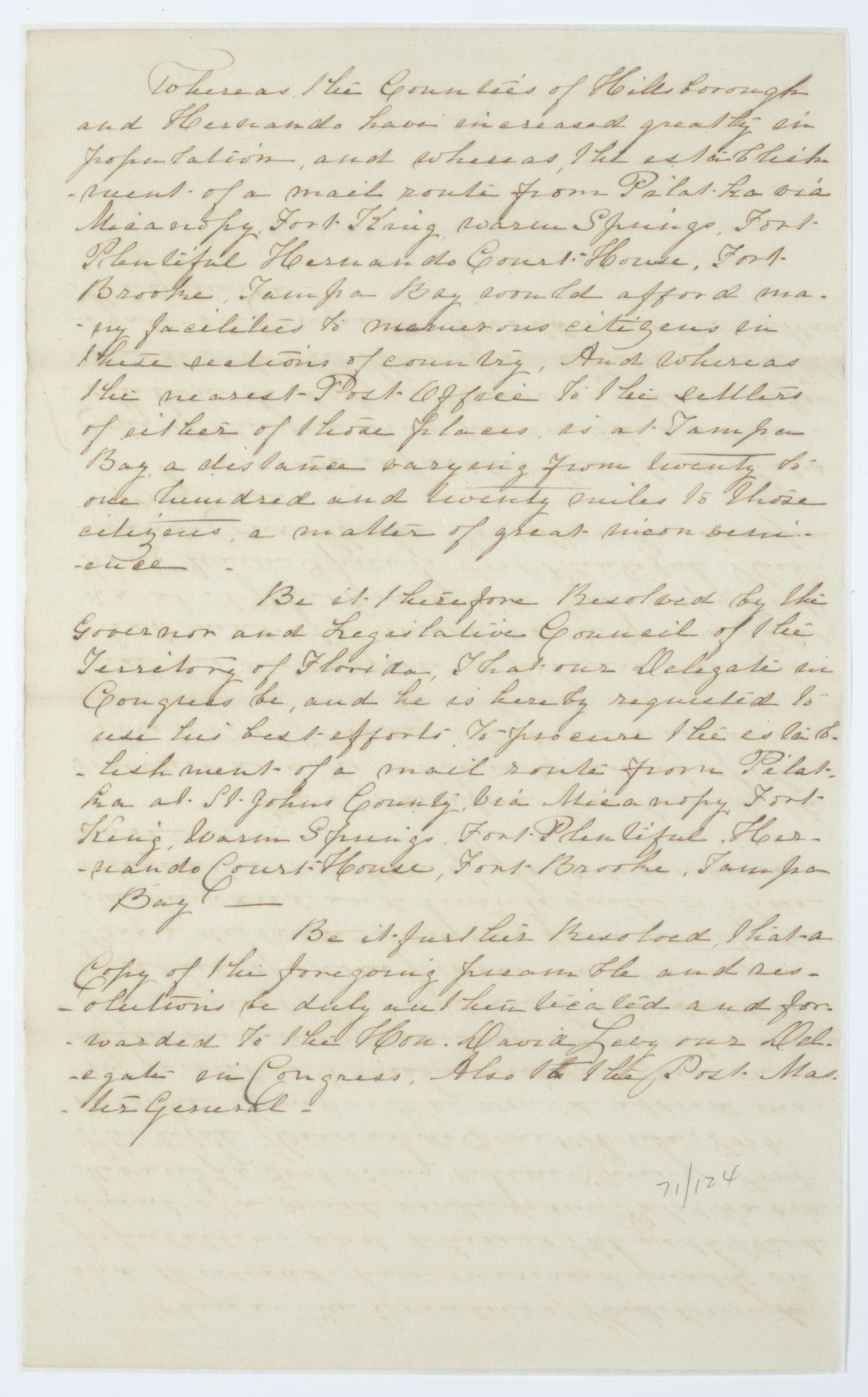 Resolution Directing the Florida Delegate in Congress to Lobby for a Mail Route Between Palatka and Tampa Bay, circa 1844