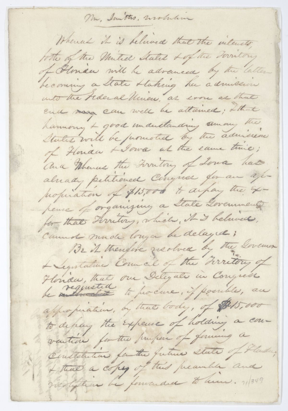 Resolution Directing the Florida Delegate in Congress to Procure an Appropriation to Defray the Cost of a Constitutional Convention, circa 1844