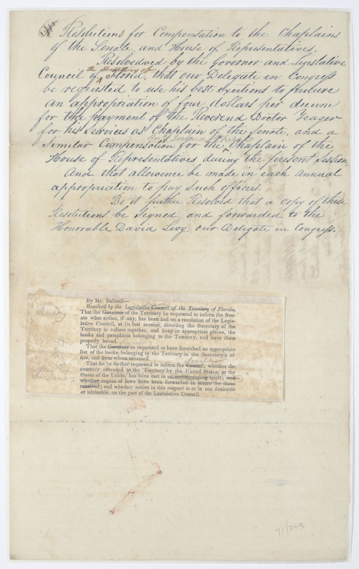 Resolution Directing the Florida Delegate in Congress to Procure an Appropriation for the Compensation of Legislative Chaplains, 1844