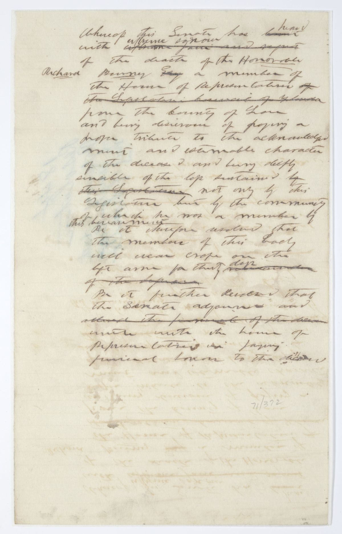 Resolution Directing the Senate to Adjourn to Allow Members to Attend the Funeral of Richard Burney, circa 1844