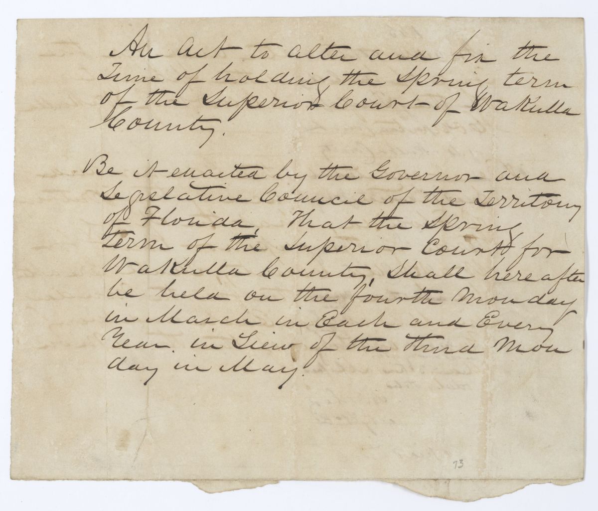 Draft of an Act to Alter and Fix the Time of Holding the Spring Term of the Superior Court of Wakulla County, 1845