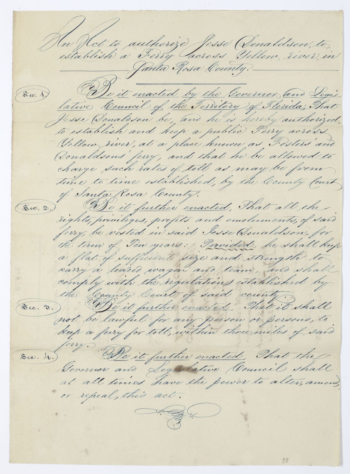 Draft of an Act to Authorize Jesse Donaldson to Establish a Ferry Across Yellow River in Santa Rosa County, 1845