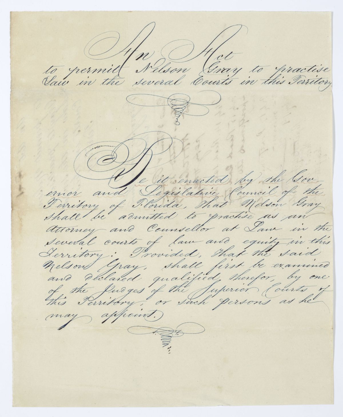 Draft of an Act to Permit Nelson Gray to Practice Law in the Several Courts of the Territory, 1845