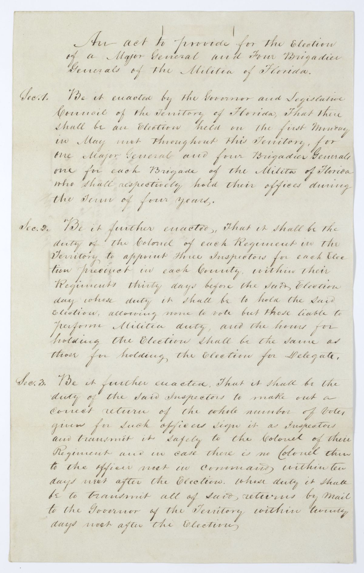 Draft of an Act to Provide for the Election of a Major General and Four Brigadier Generals of the Militia of Florida, 1845