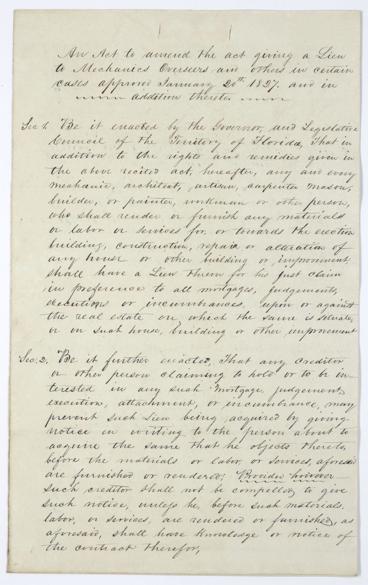 Draft of an Act to Amend the Act Giving a Lien to Mechanics, Overseers and Others in Certain Cases, 1845