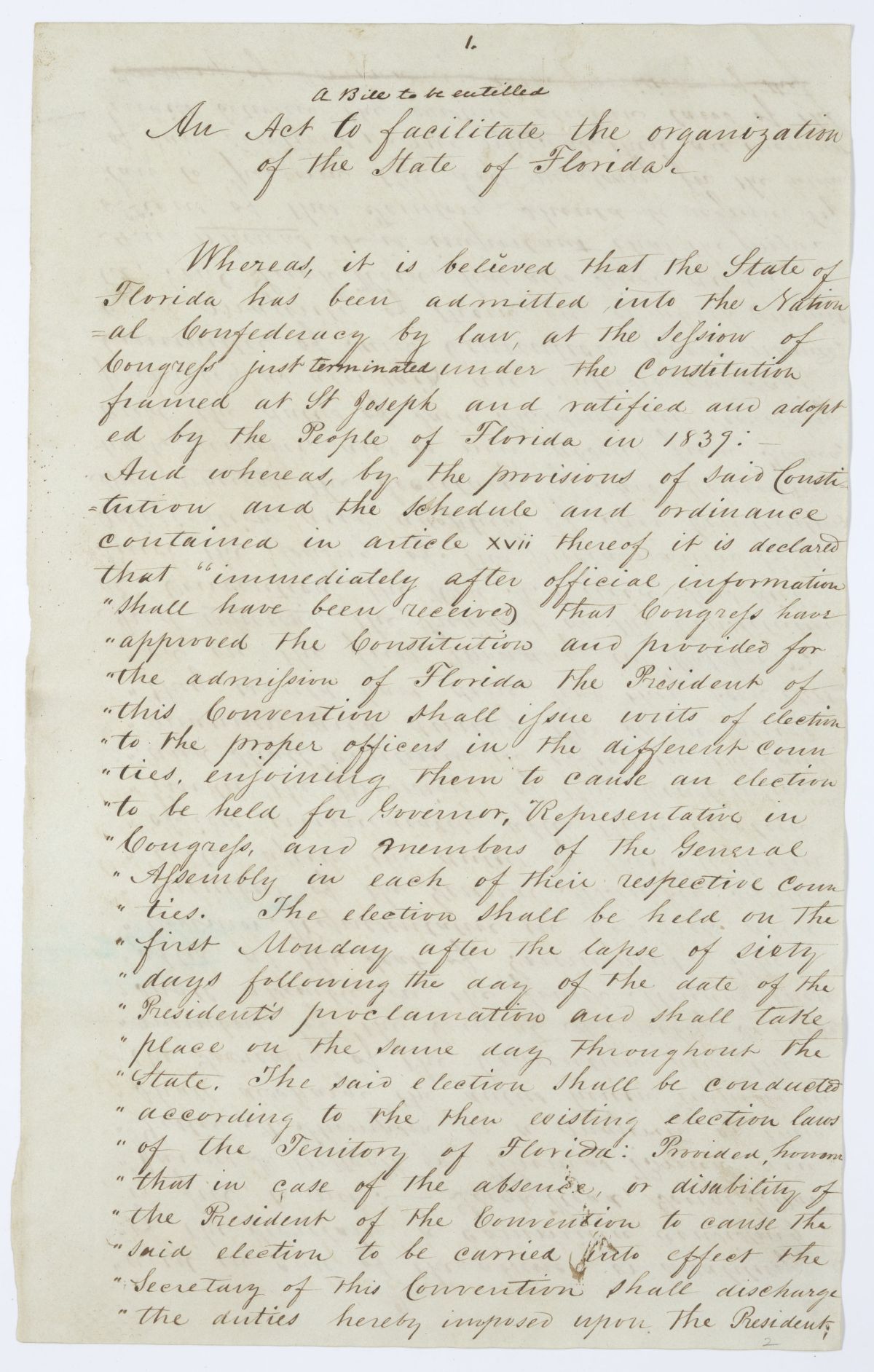 Draft of an Act to Facilitate the Organization of the State of Florida, 1845