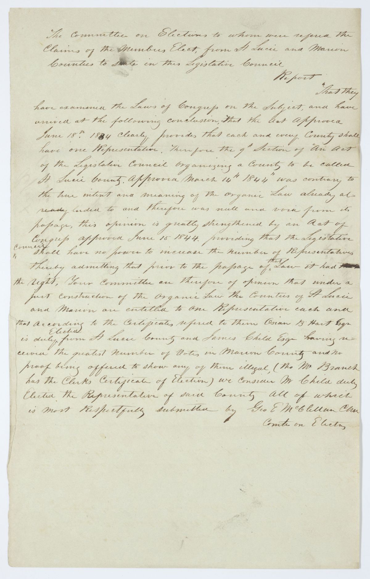 Report of the Committee on Elections to Whom Was Referred the Claims of the Members Elect from Saint Lucie and Marion Counties, 1845