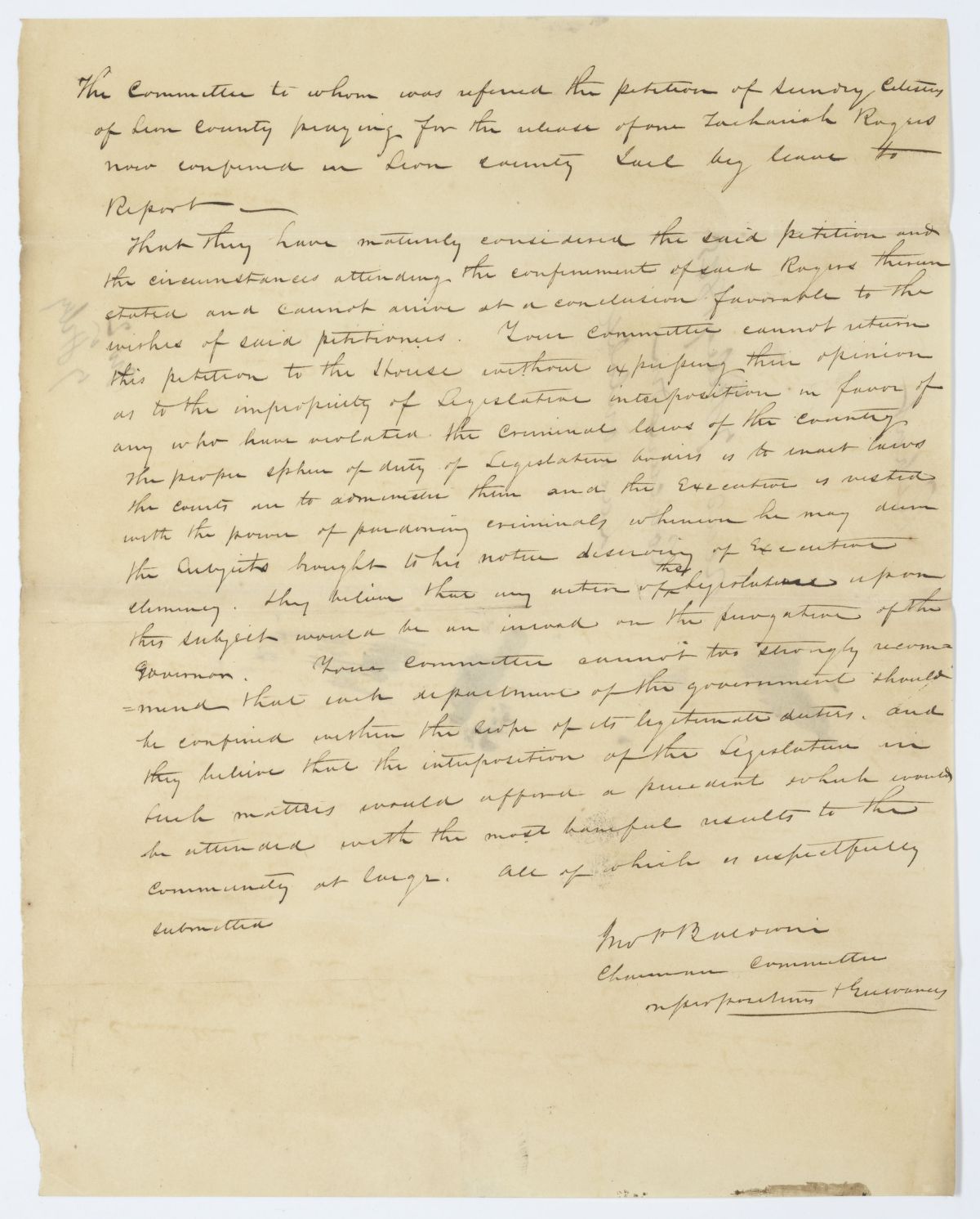 Report of the Committee to Whom Was Referred a Petition of Citizens of Leon County Requesting the Release of Zachariah Rogers, 1845