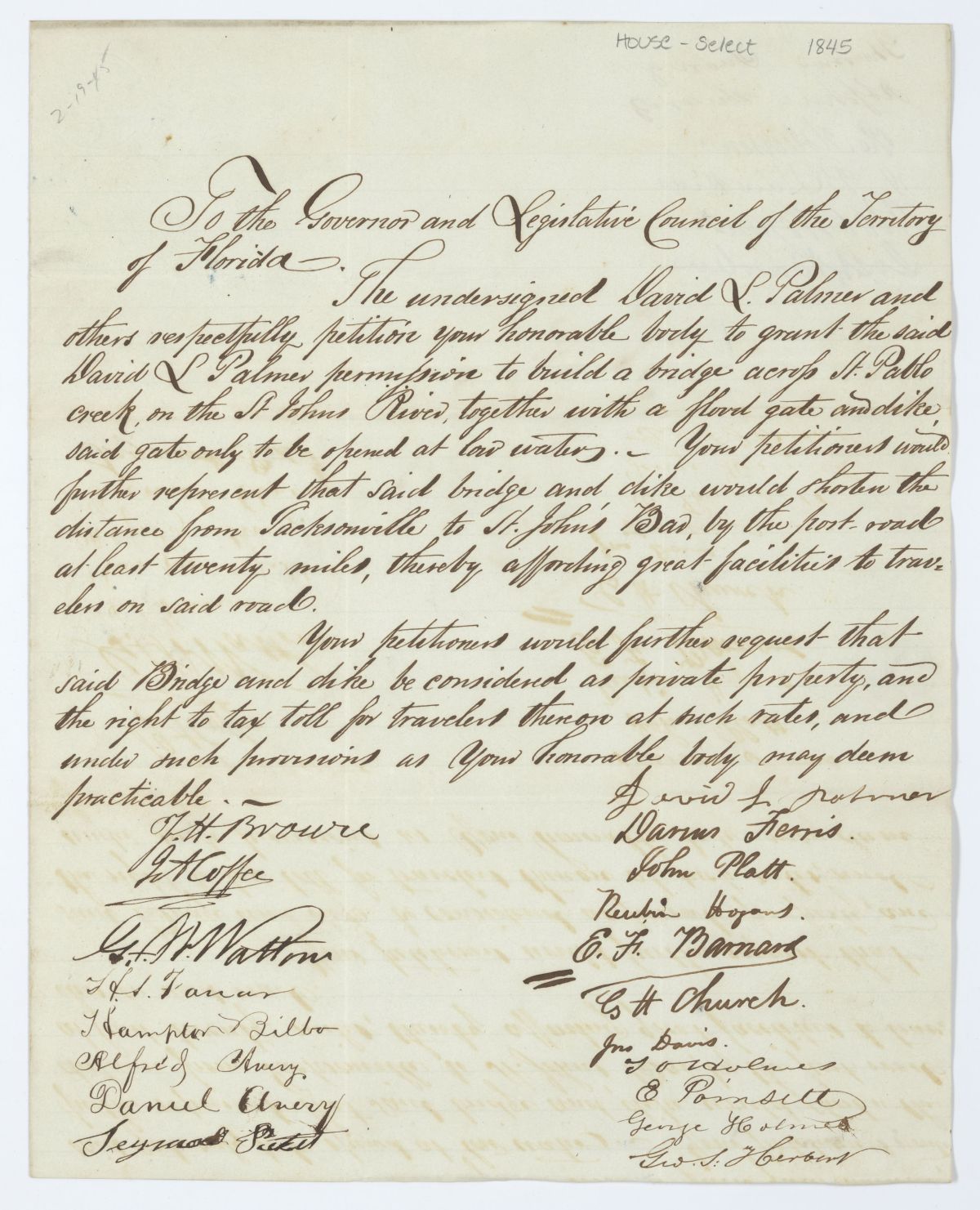 Petition of David L. Palmer and Others Requesting Permission to Build a Bridge Across Saint Pablo Creek, circa 1845