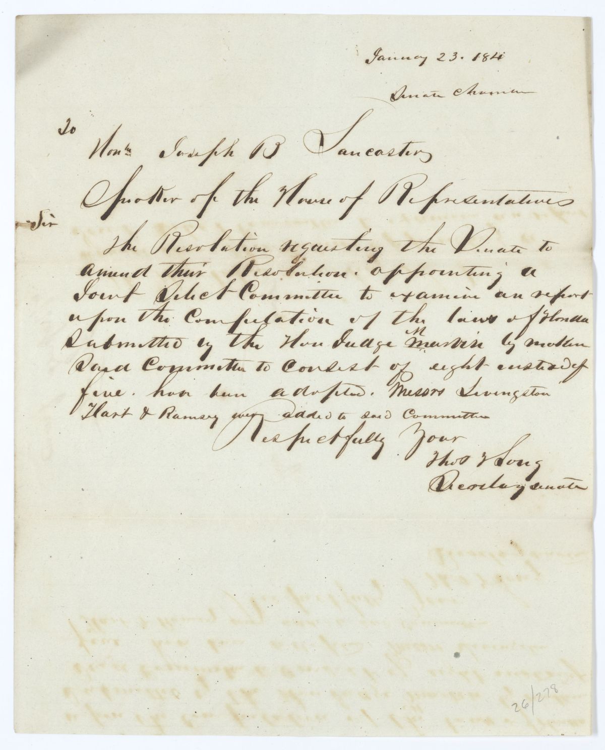 Letter from Thomas T. Long to Joseph B. Lancaster Regarding a Committee on Judge Marvin's Compilation of Laws, circa 1843