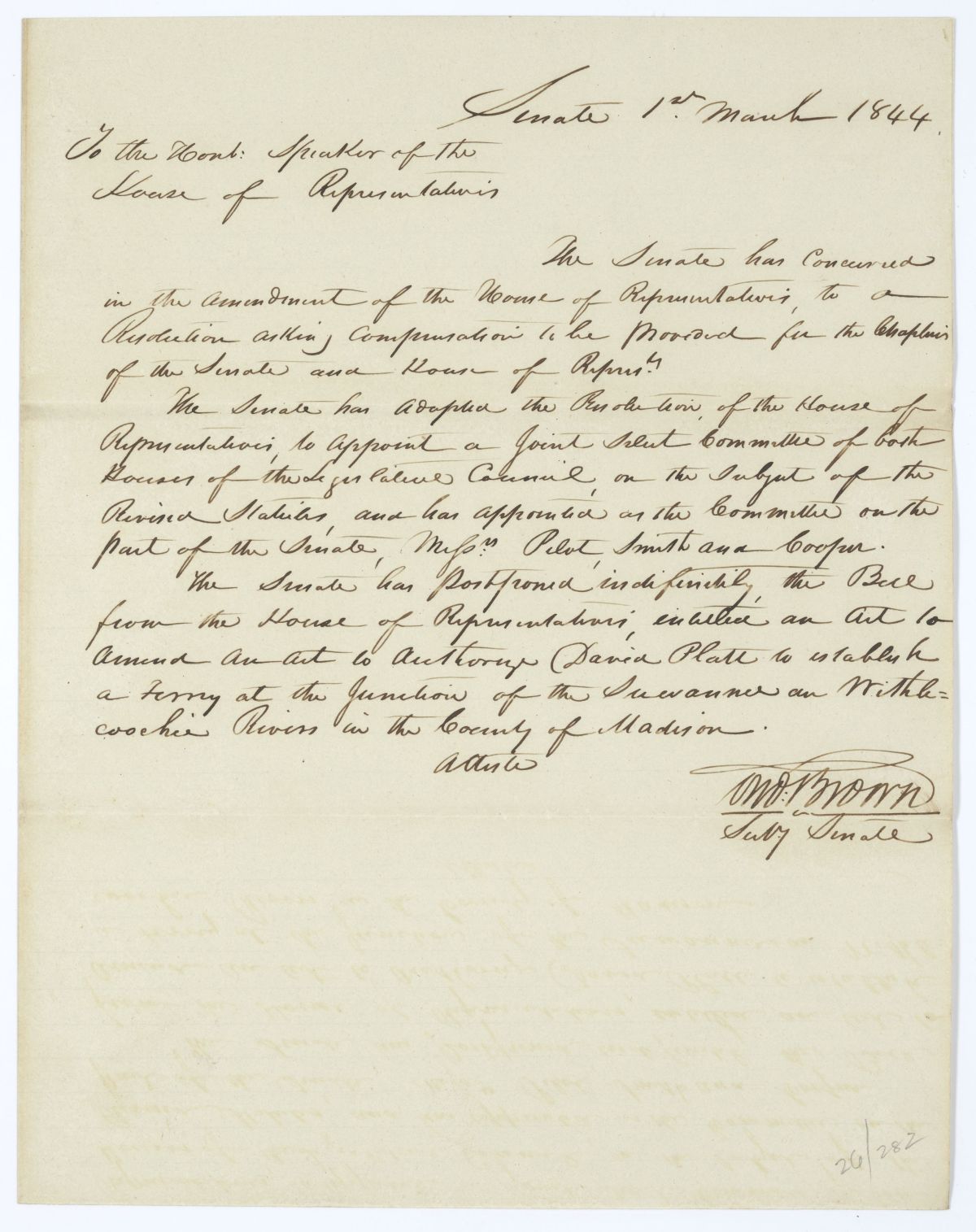 Letter from Thomas Brown to the Speaker of the House of Representatives Concerning Several Orders of Business, 1844