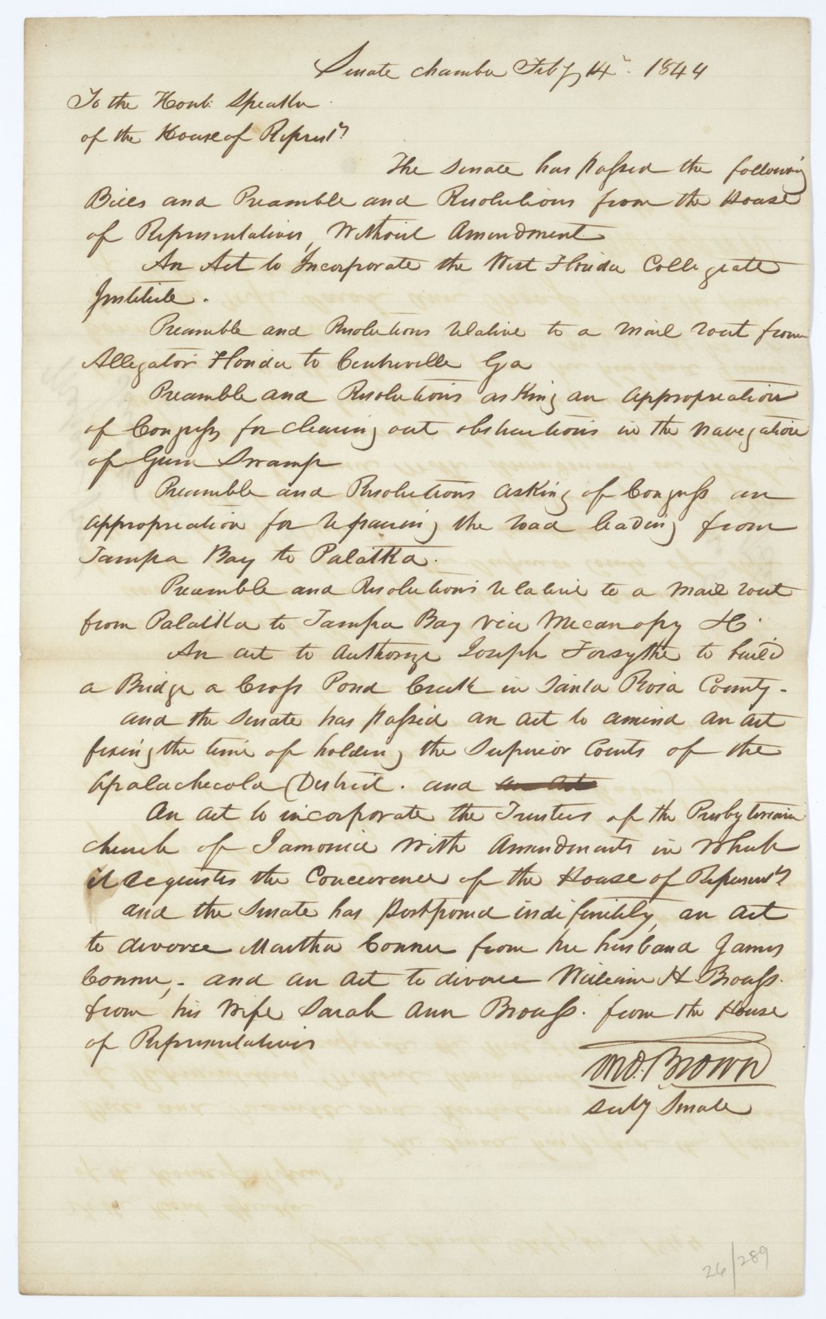 Letter from Thomas Brown to the Speaker of the House of Representatives Regarding Several Bills and Resolutions, 1844