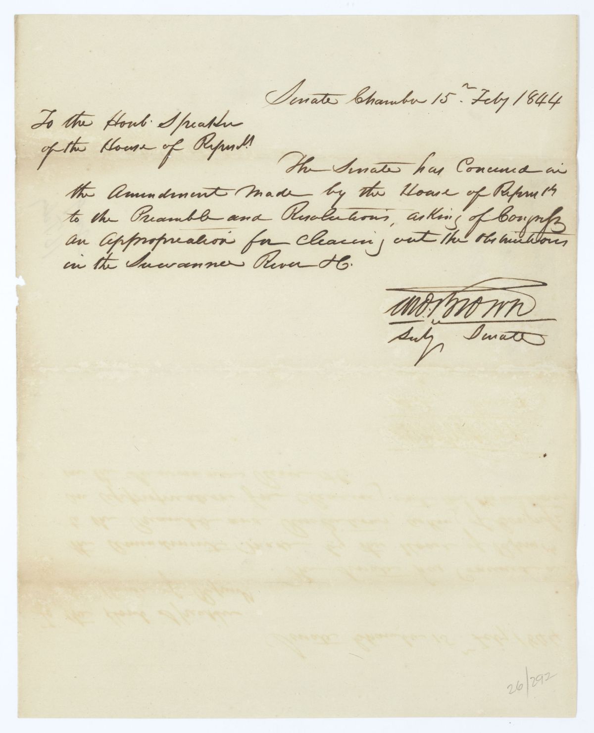 Letter from Thomas Brown to the Speaker of the House of Representatives Concerning a Resolution to Clear Out the Suwannee River, 1844