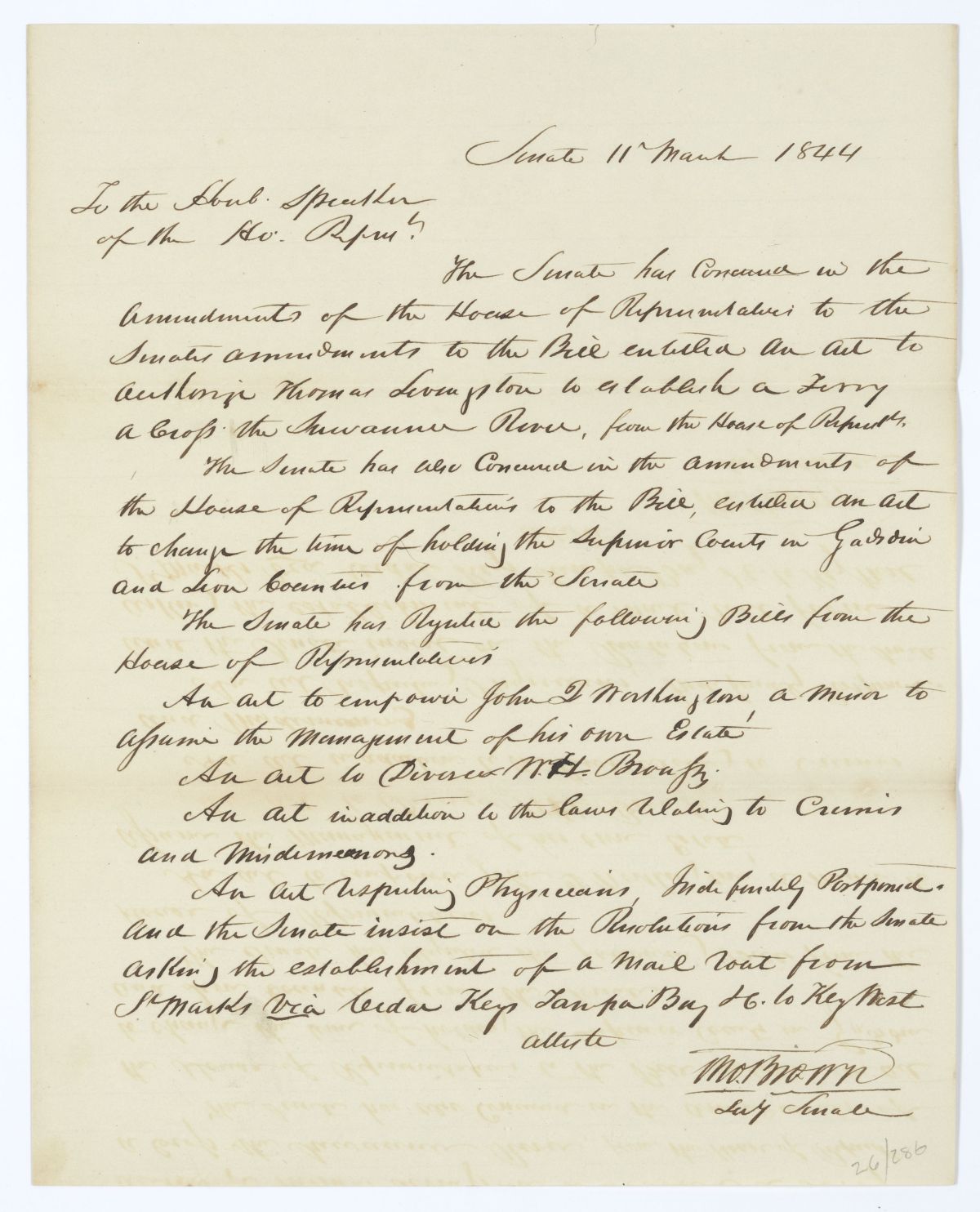 Letter from Thomas Brown to the Speaker of the House of Representatives Regarding Several Bills, 1844