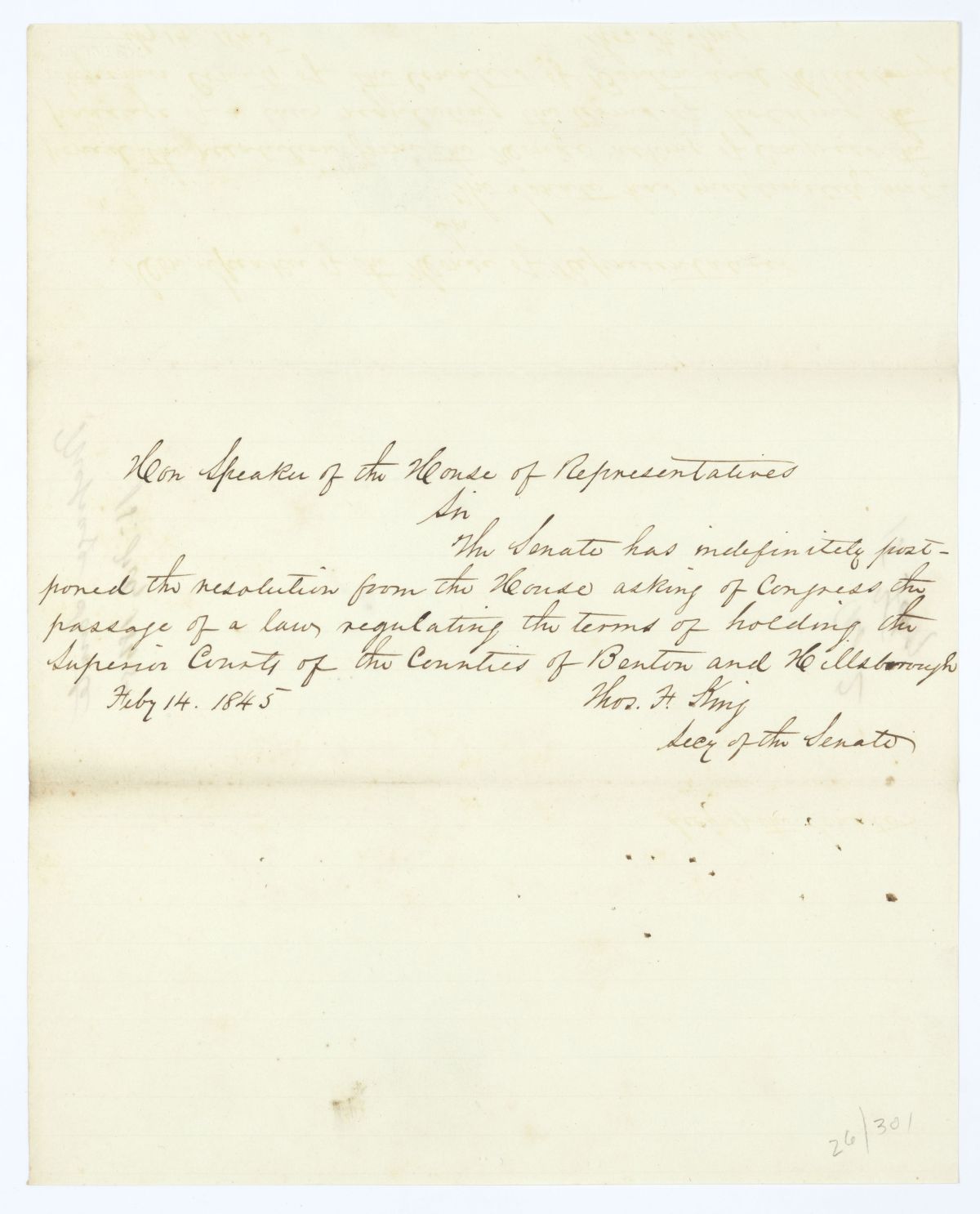 Letter from Thomas F. King to the Speaker of the House of Representatives Regarding a Resolution on the Superior Courts, 1845