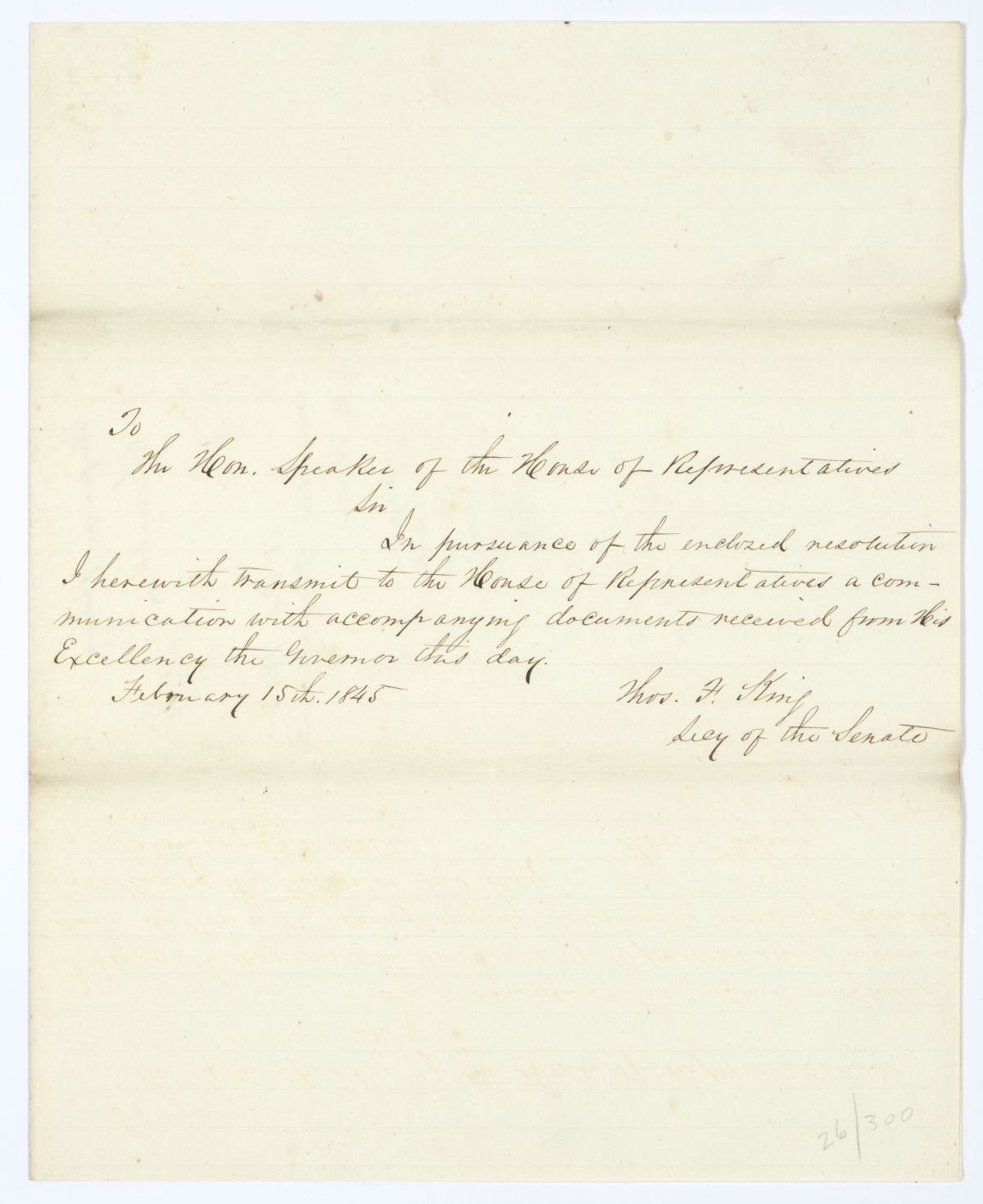 Letter from Thomas F. King to the Speaker of the House of Representatives Regarding a Communication from the Governor, 1845