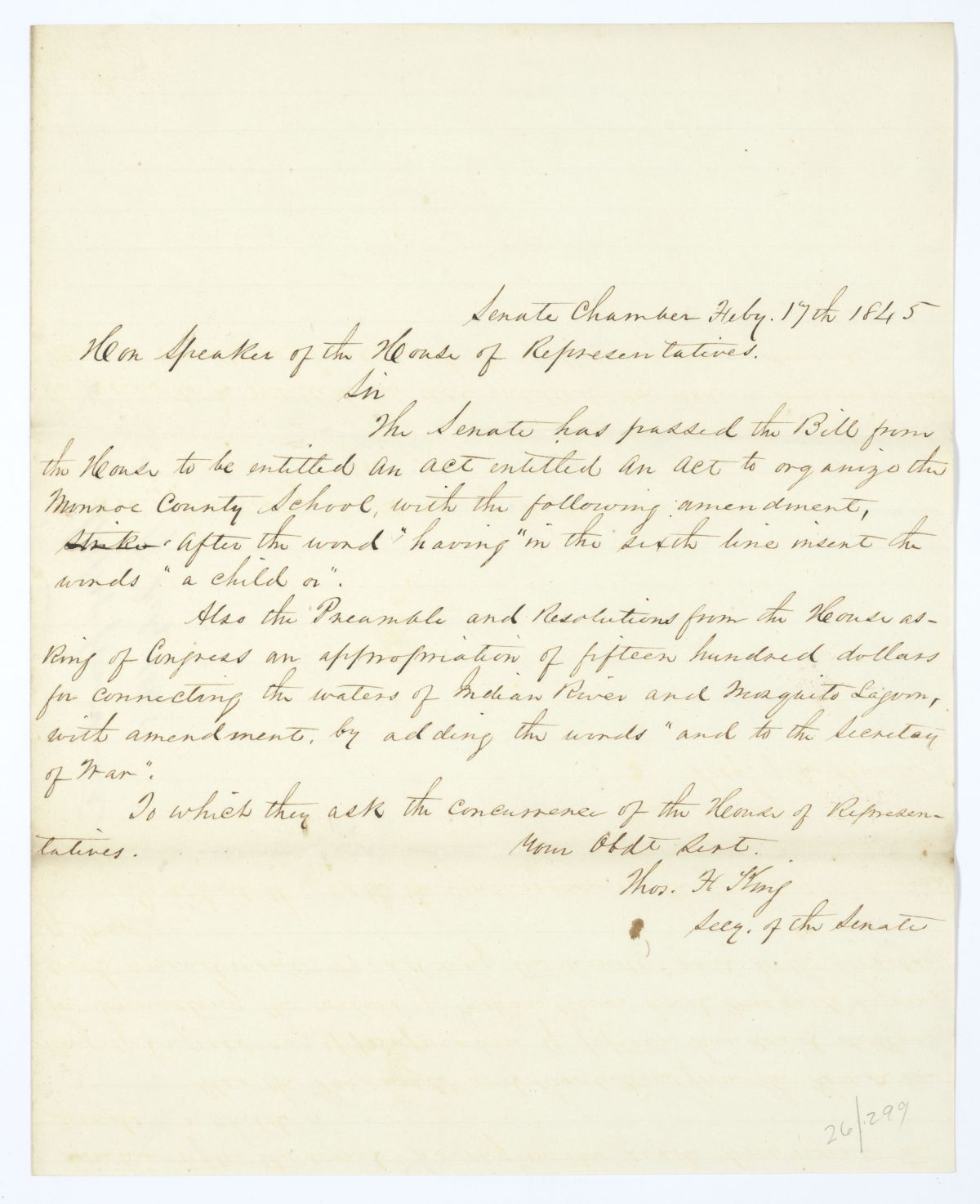 Letter from Thomas F. King to the Speaker of the House of Representatives Regarding a Bill and a Resolution, 1845