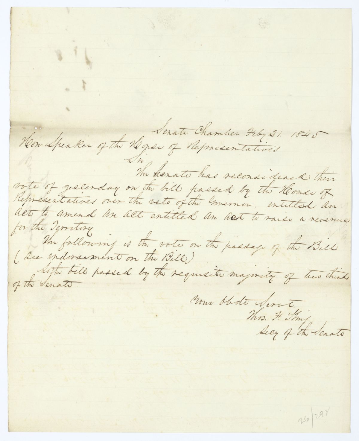 Letter from Thomas F. King to the Speaker of the House of Representatives Regarding a Bill to Amend an Act to Raise a Revenue, 1845