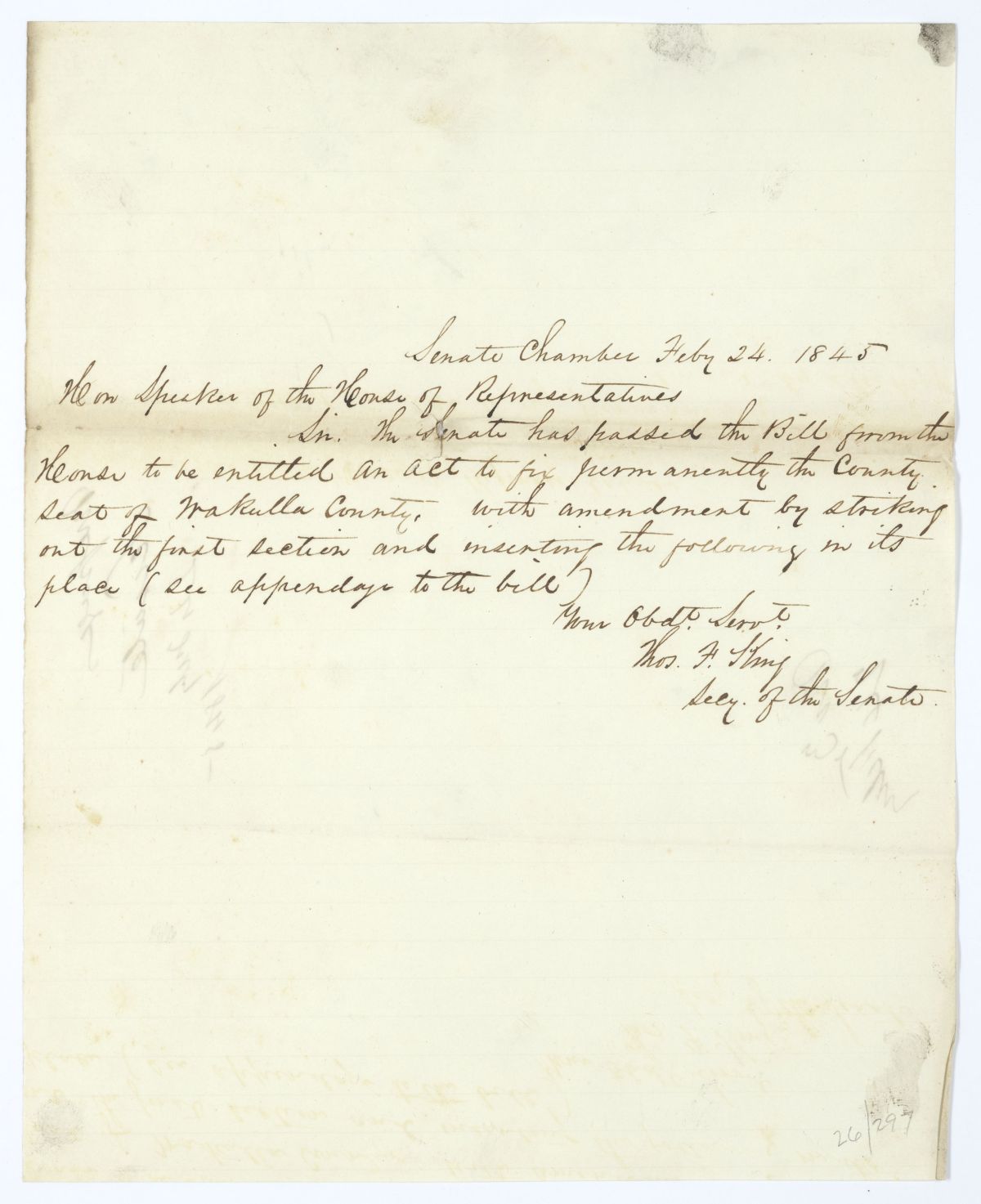 Letter from Thomas F. King to the Speaker of the House of Representatives Regarding a Bill to Fix the County Seat of Wakulla County, 1845