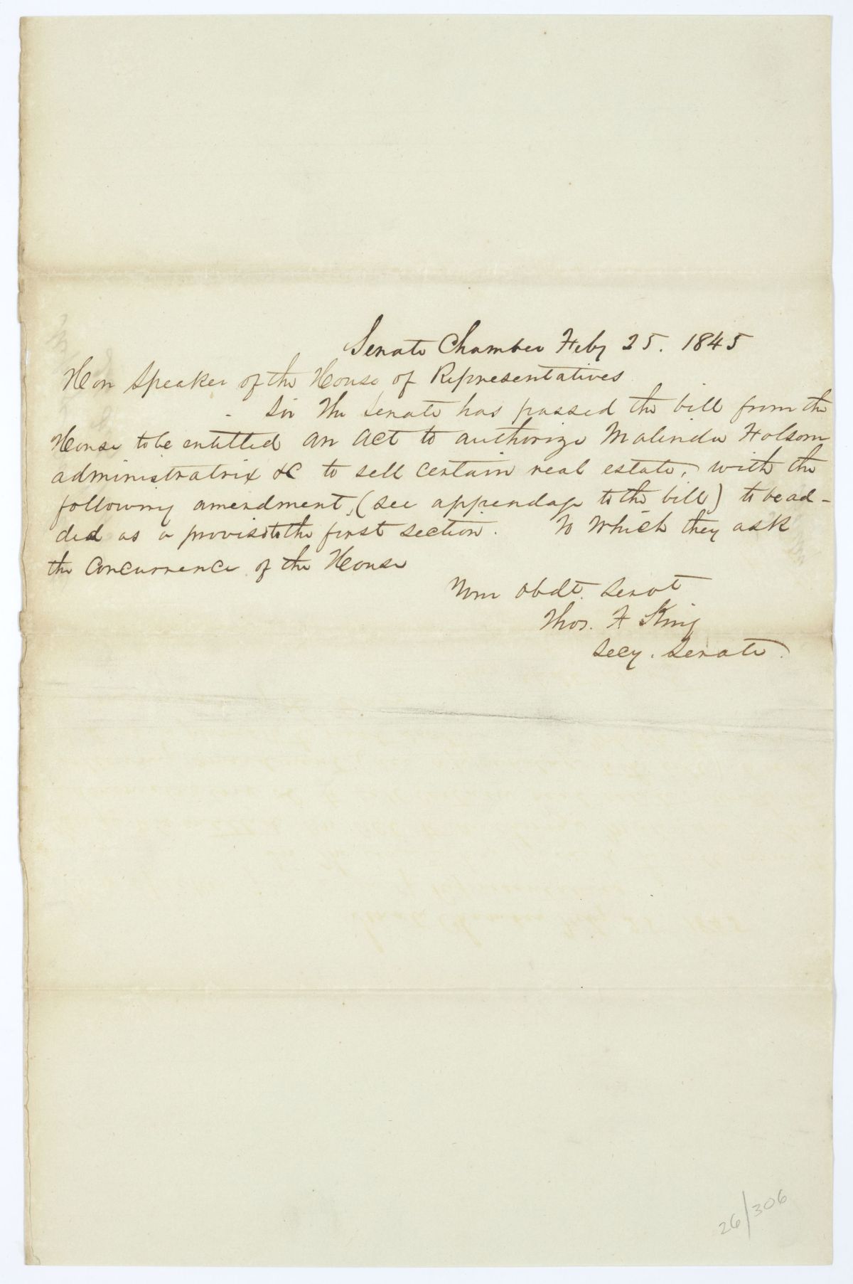 Letter from Thomas F. King to the Speaker of the House of Representatives Regarding a Bill to Authorize an Administratrix to Sell Land, 1845