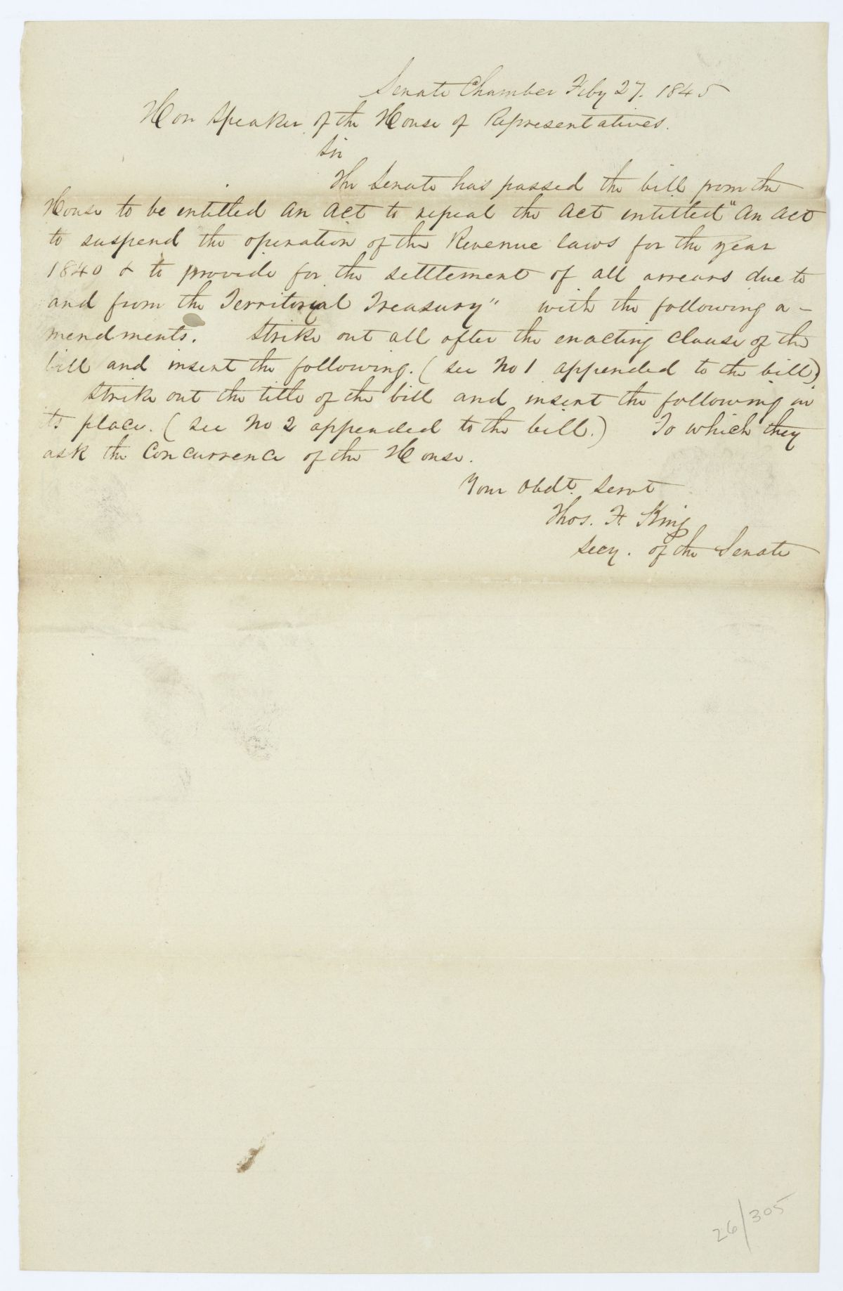 Letter from Thomas F. King to the Speaker of the House of Representatives Concerning an Act to Repeal an Act, 1845