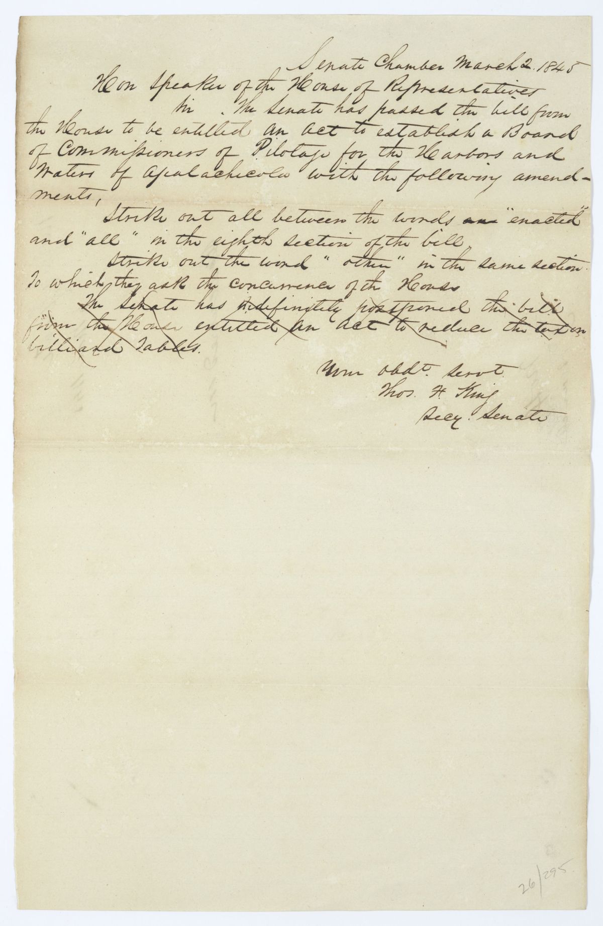 Letter from Thomas F. King to the Speaker of the House of Representatives Regarding a Bill on Commissioners of Pilotage, 1845