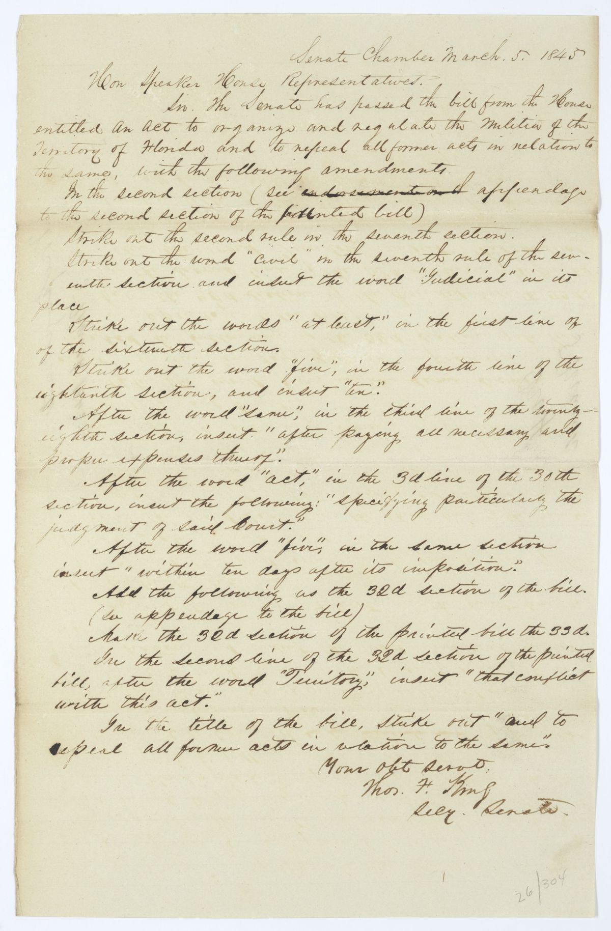 Letter from Thomas F. King to the Speaker of the House of Representatives Regarding a Bill to Organize and Regulate the Militia, 1845