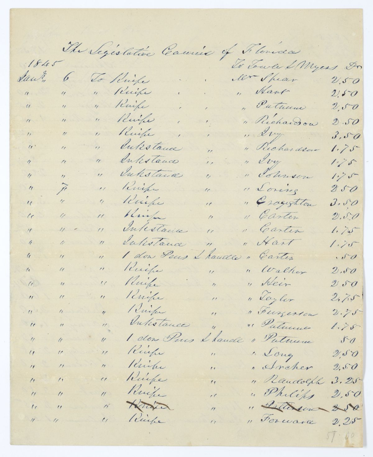 Itemized Bill of Items for Members of the Territorial Legislative Council, 1845