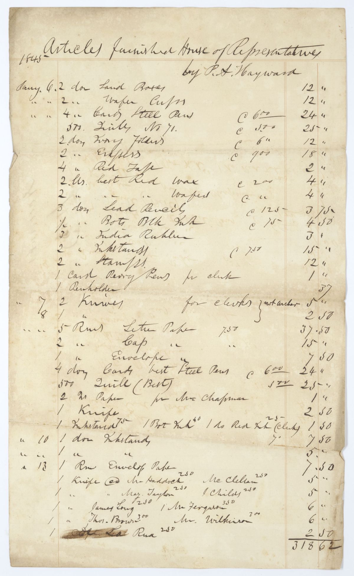 List of Articles Furnished to the Florida House of Representatives, 1845