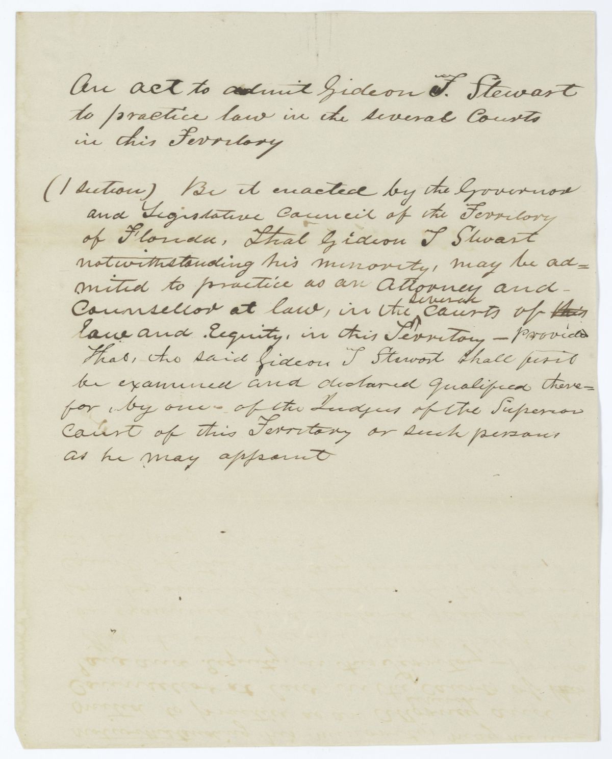 Draft of an Act to Admit Gideon T. Stewart to Practice Law, circa 1845