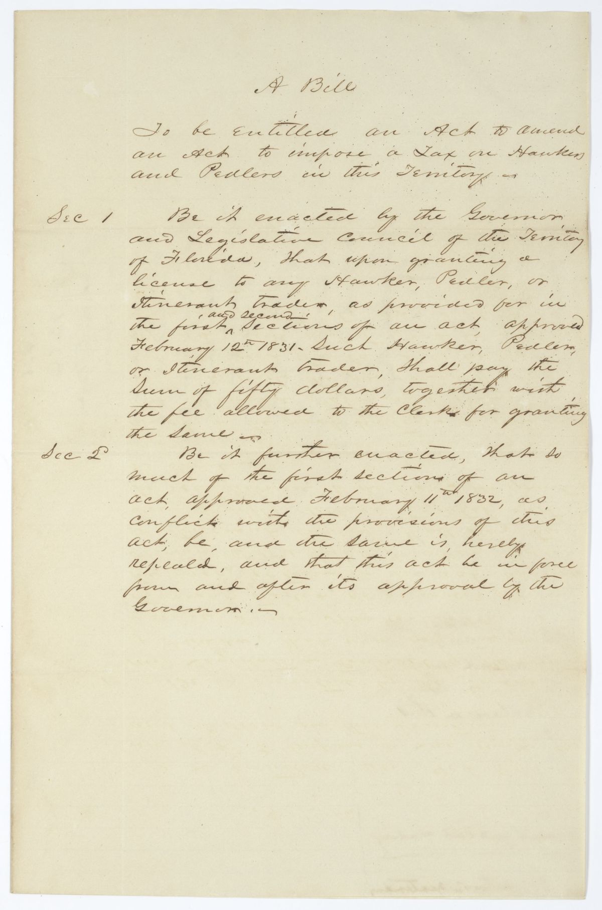 Draft of an Act to Amend an Act to Impose a Tax on Hawkers and Peddlers, circa 1845