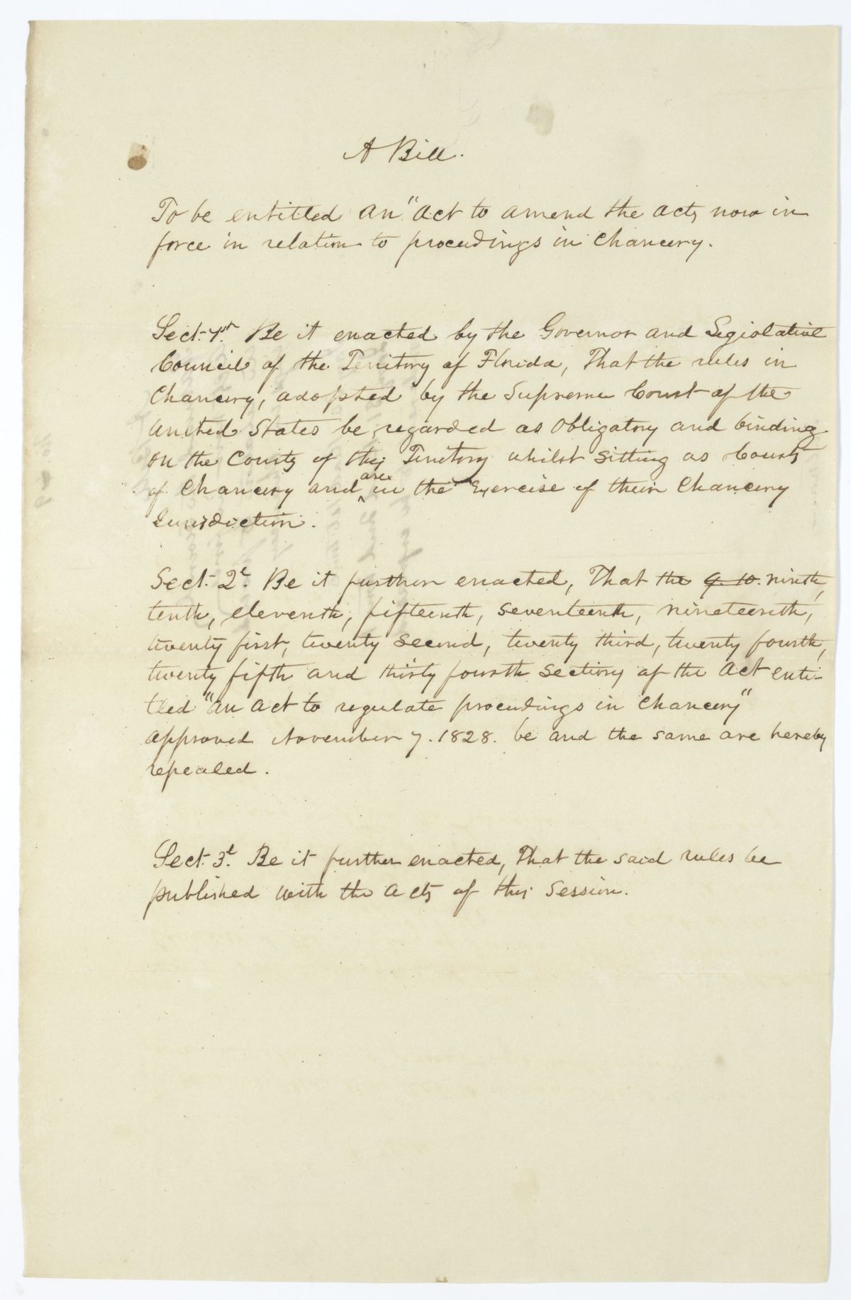 Draft of an Act to Amend the Acts Now in Force in Relation to Proceedings in Chancery, circa 1845