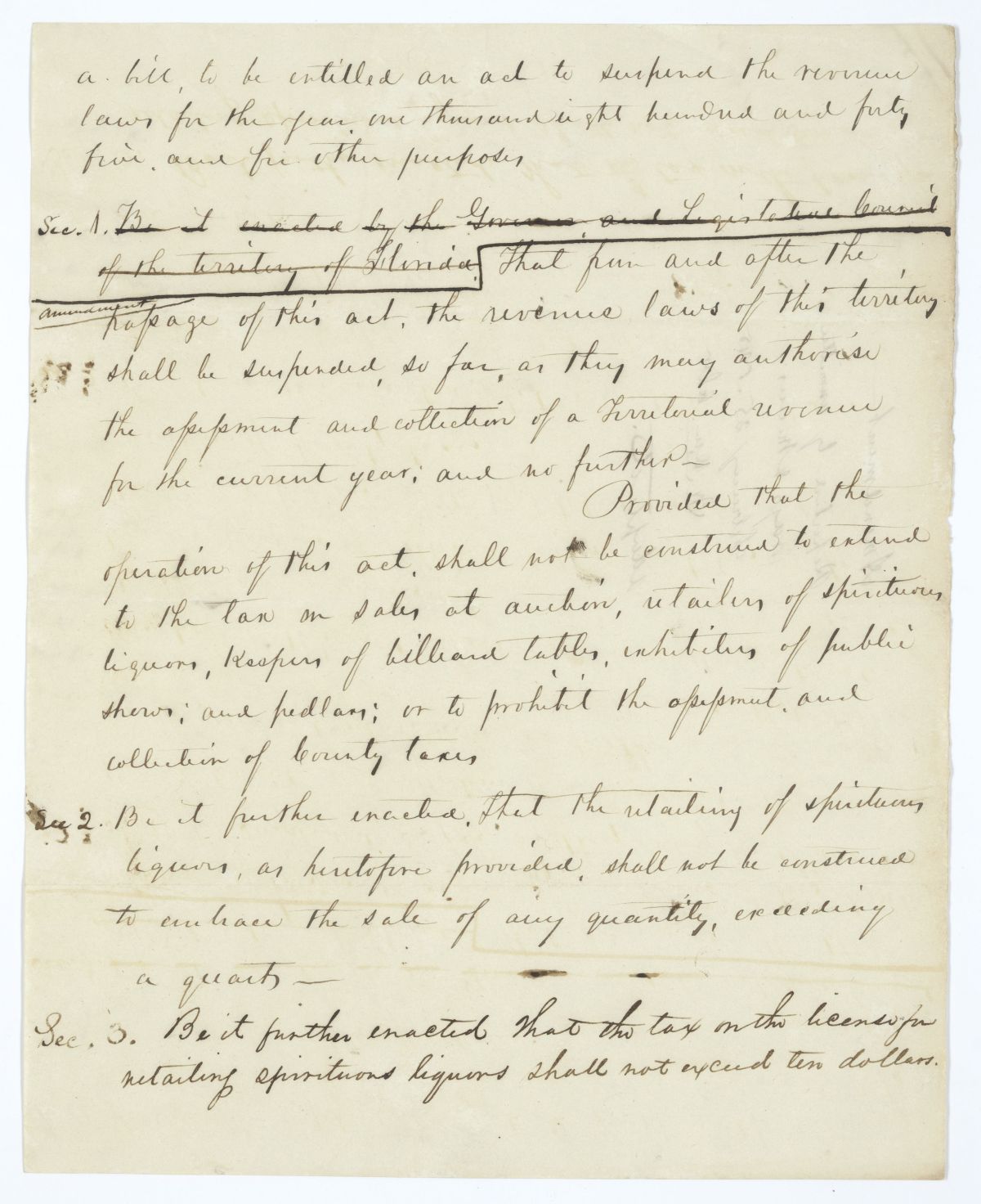 Draft of an Act to Suspend the Revenue Laws for the Year One Thousand Eight Hundred and Forty-Five, 1845