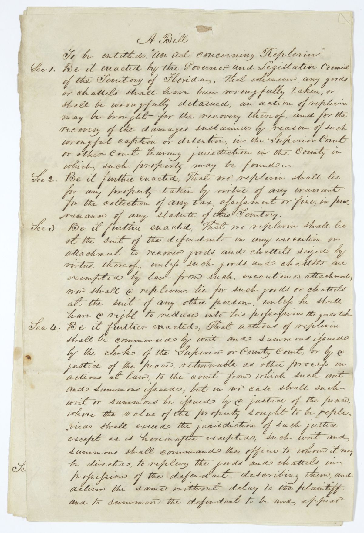 Draft of an Act Concerning Replevin, 1845