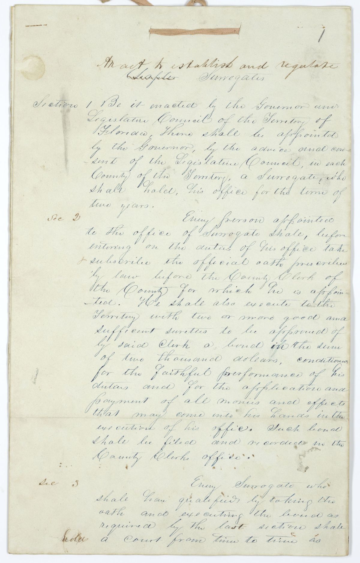 Draft of an Act to Establish and Regulate Surrogates, circa 1845