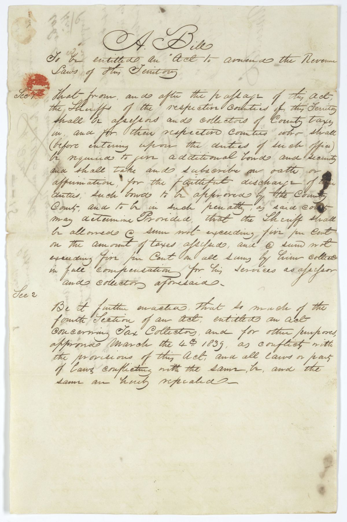 Draft of an Act to Amend the Revenue Laws of the Territory, 1845