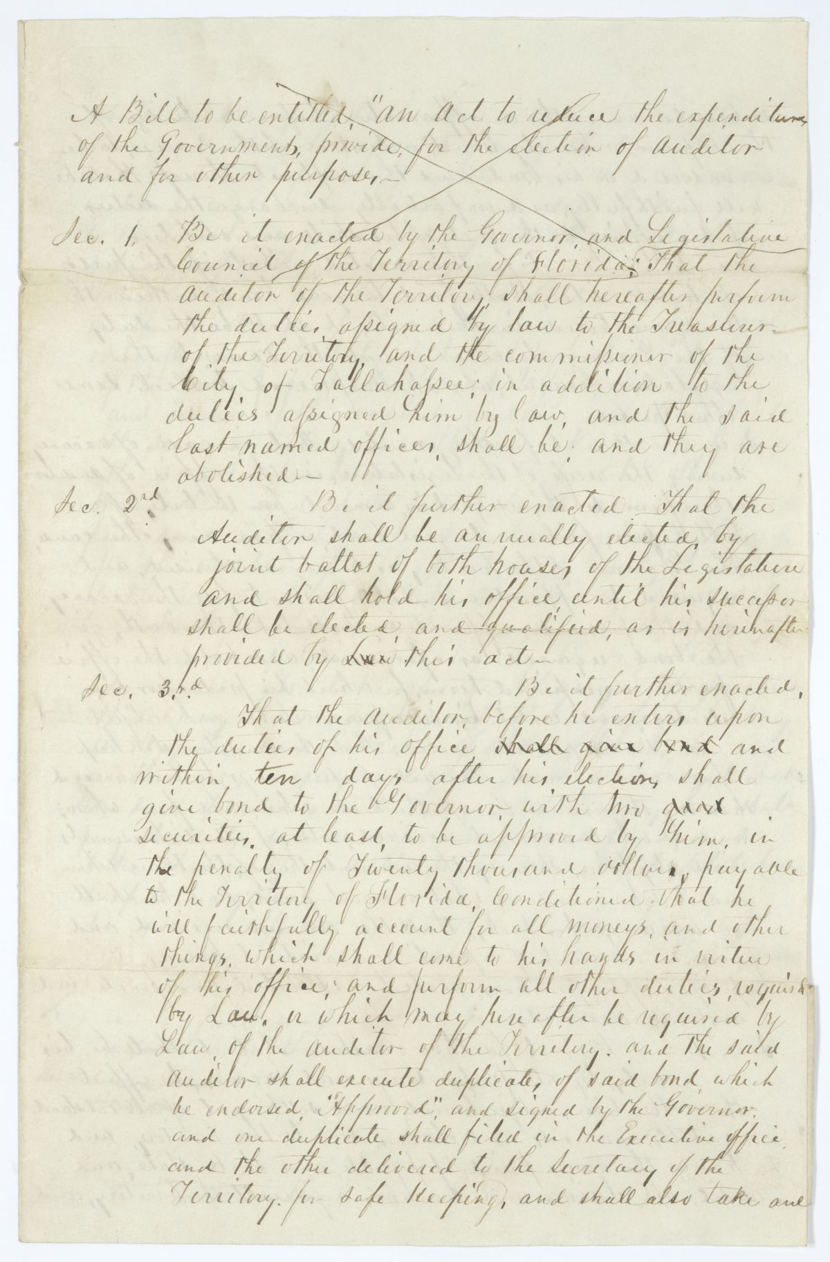 Two Drafts of an Act to Reduce the Expenditures of the Government and Provide for the Election of Auditor, 1845