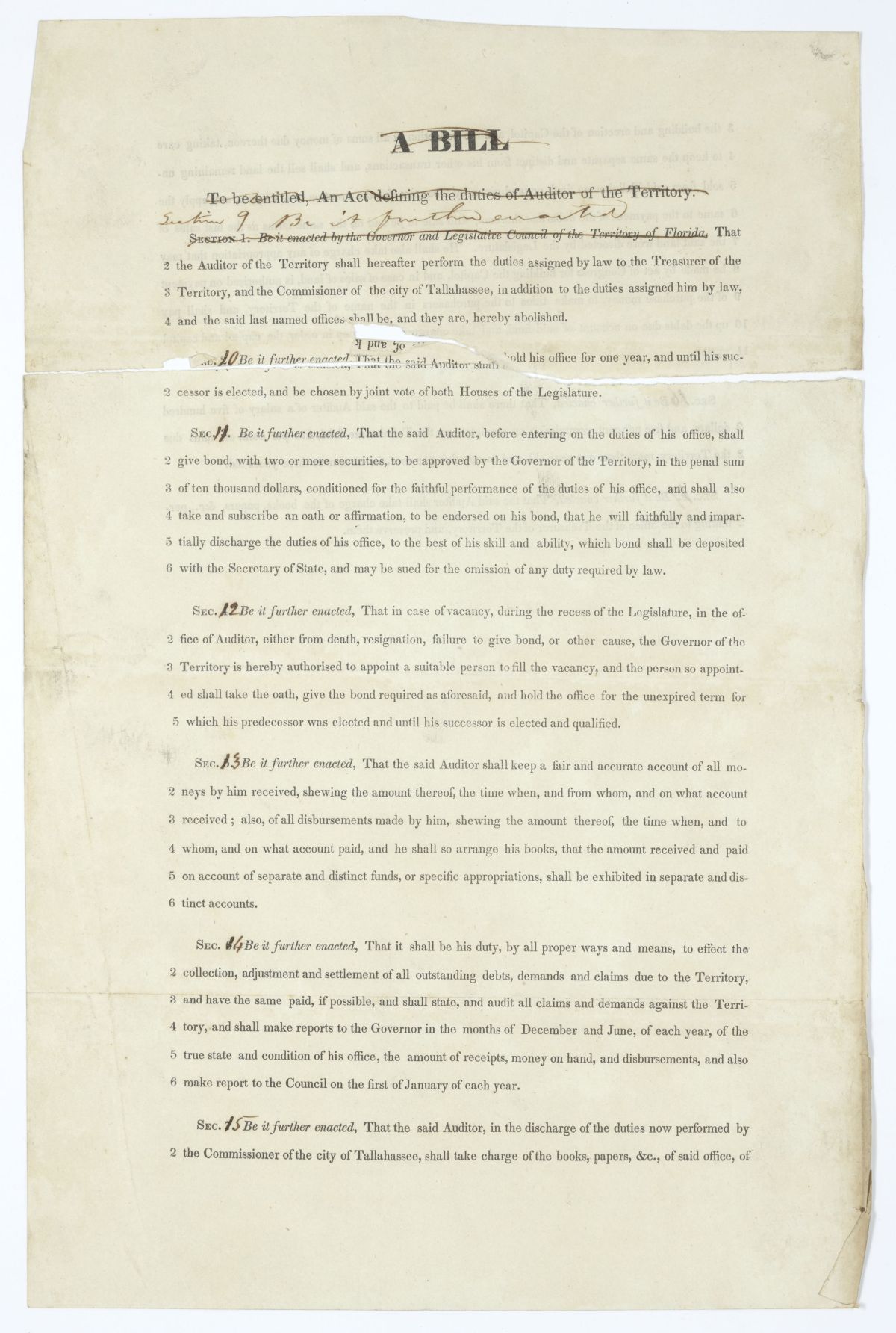 Draft of an Act Defining the Duties of Auditor of the Territory, circa 1845