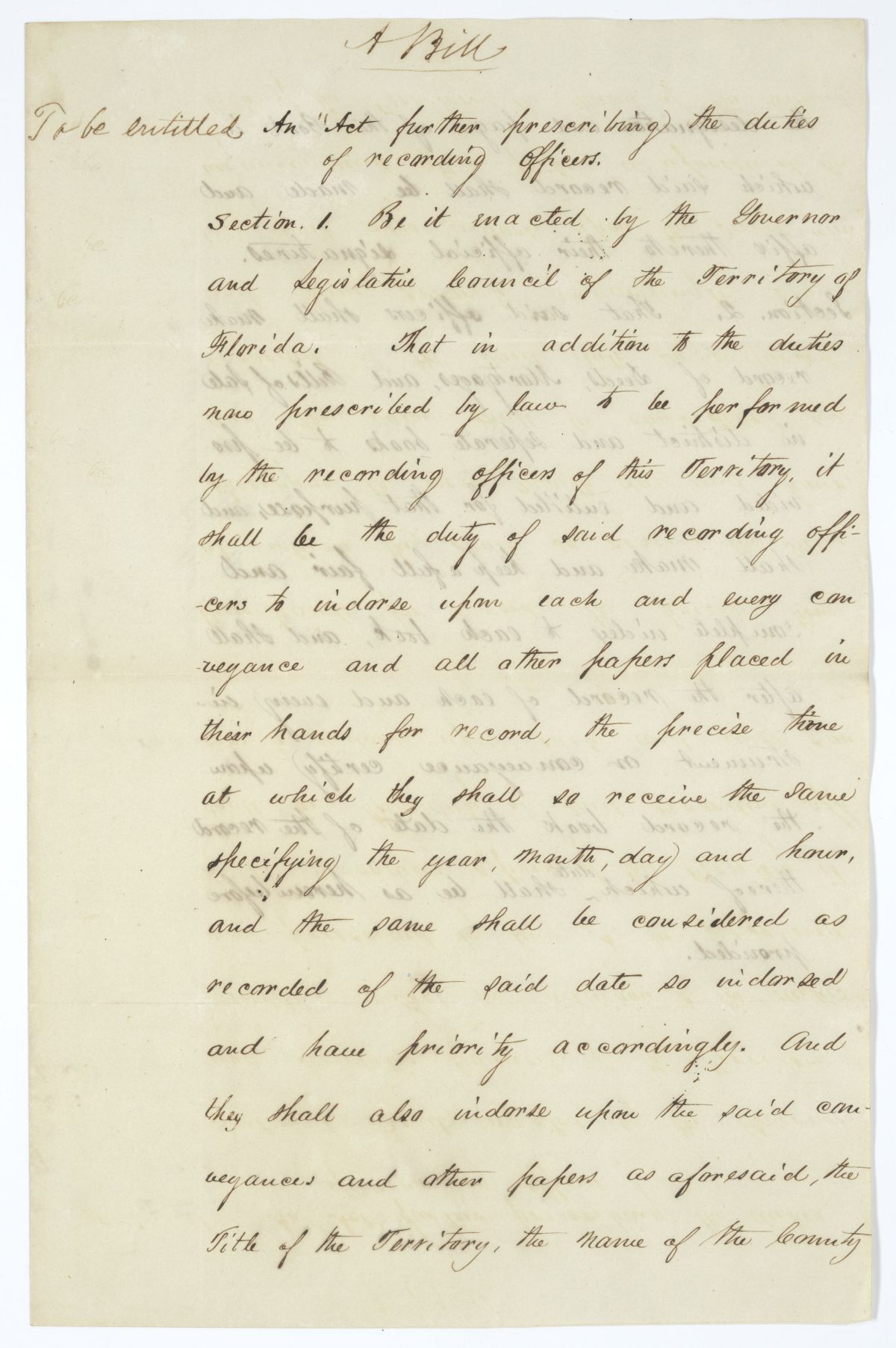 Draft of an Act Further Prescribing the Duties of Recording Officers, circa 1845