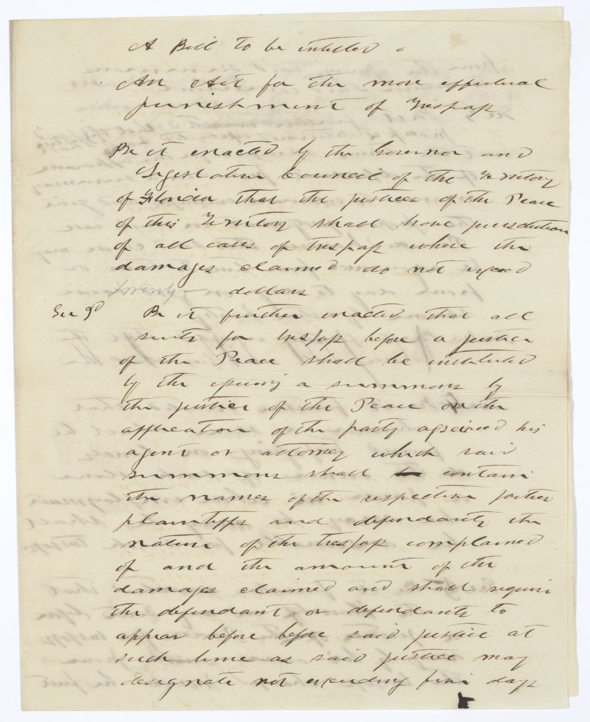 Draft of an Act for the More Effectual Punishment of Trespass, circa 1845