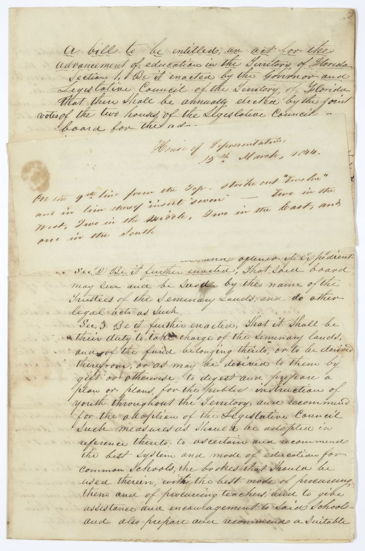 Draft of an Act for the Advancement of Education in the Territory of Florida, 1844